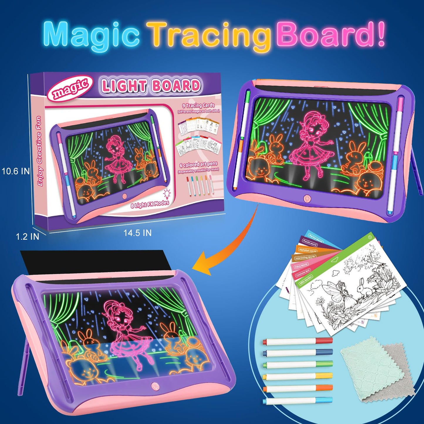 YUBALEER Magic LED Drawing Board for Kids – Light-Up Tracing Pad with 9 Cards & 6 Markers