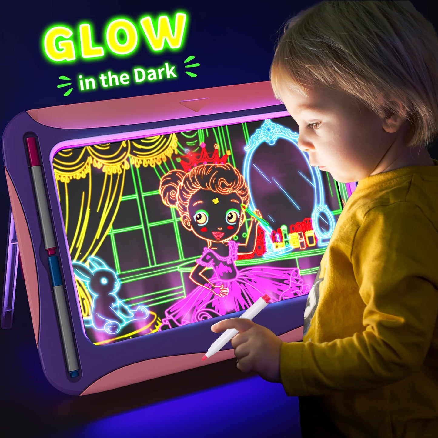 YUBALEER Magic LED Drawing Board for Kids – Light-Up Tracing Pad with 9 Cards & 6 Markers