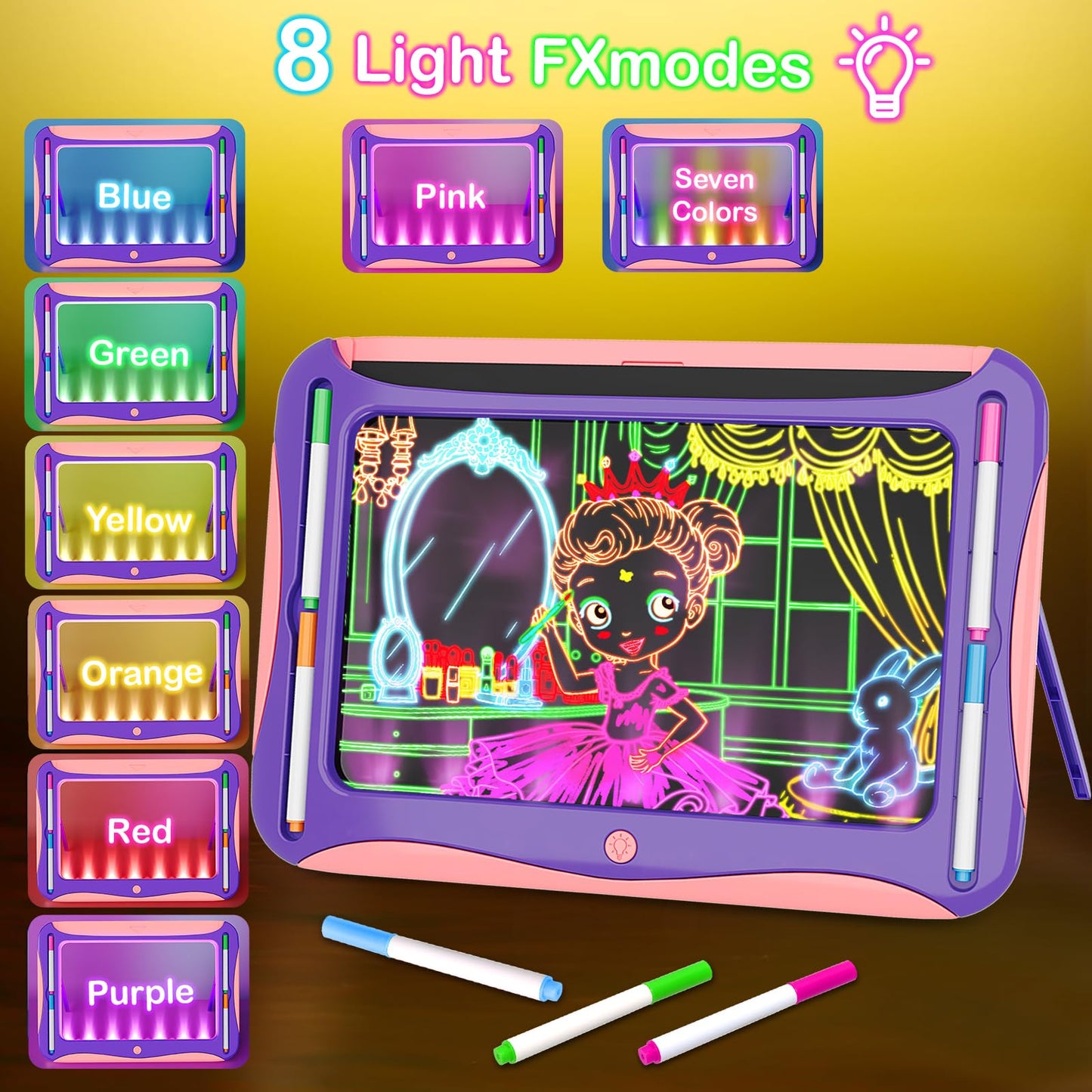 YUBALEER Magic LED Drawing Board for Kids – Light-Up Tracing Pad with 9 Cards & 6 Markers