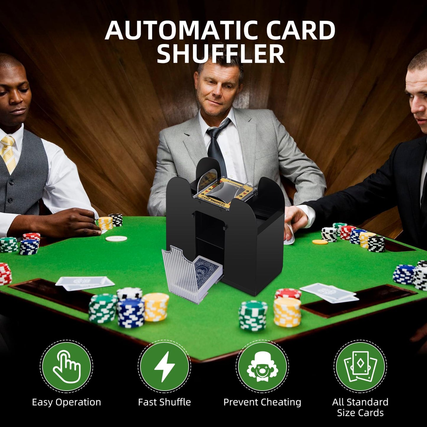 YUCEEN Automatic Card Shuffler — Shuffles 1–6 Decks, Battery Powered, Low-Noise