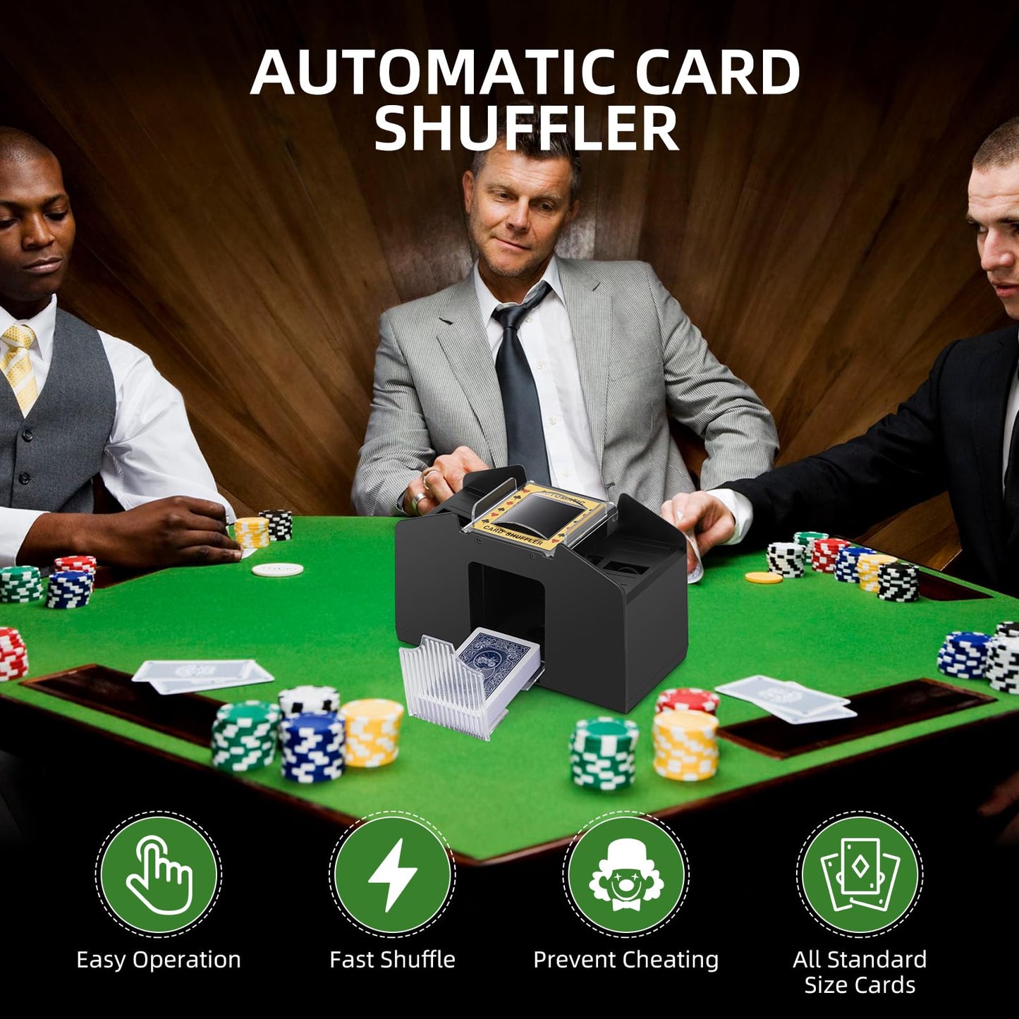 YUCEEN Automatic Card Shuffler – 1/2/4 Decks, Battery-Operated, Quiet & Portable