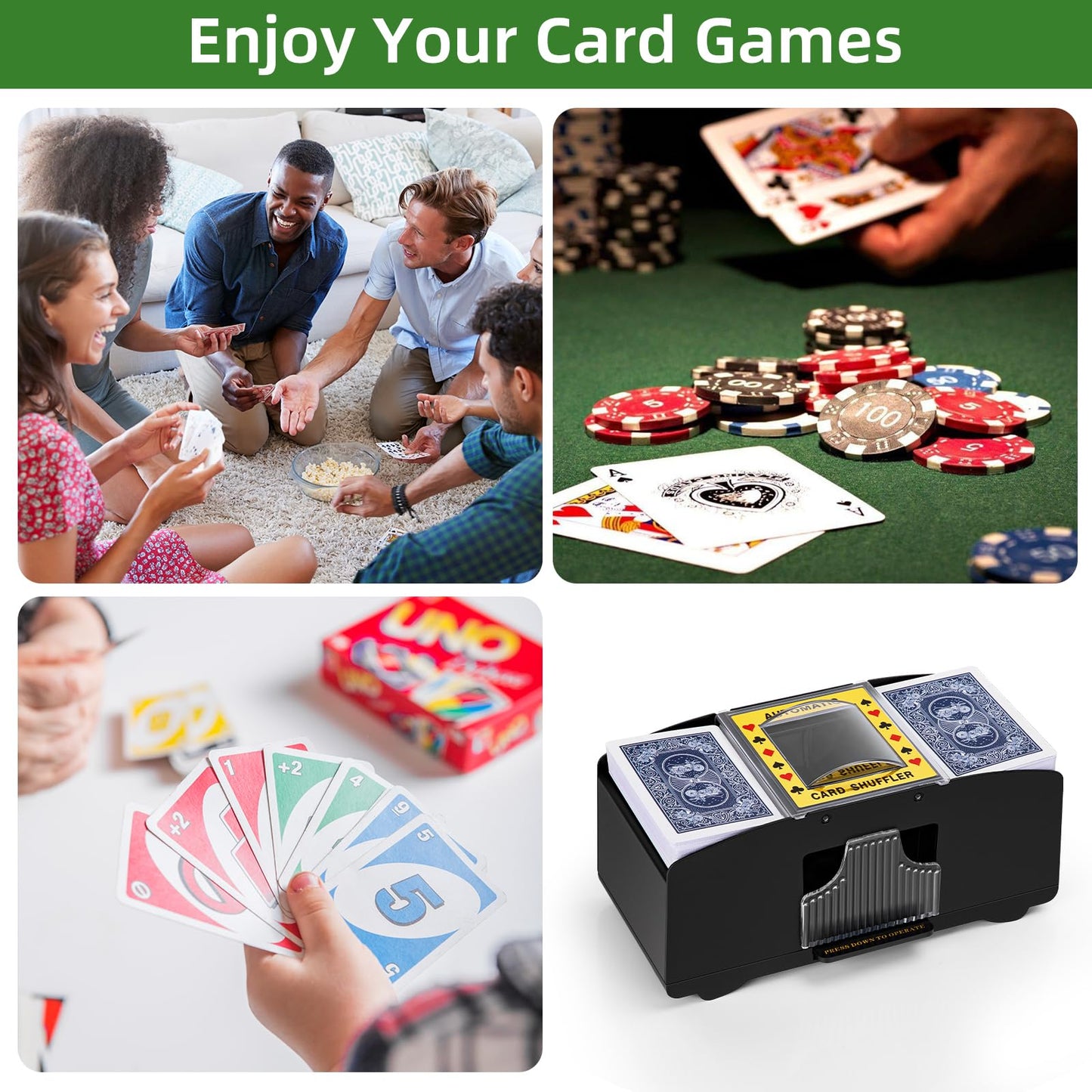 YUCEEN Automatic Card Shuffler 1/2 Decks — Battery-Powered Shuffler for UNO, Poker & More