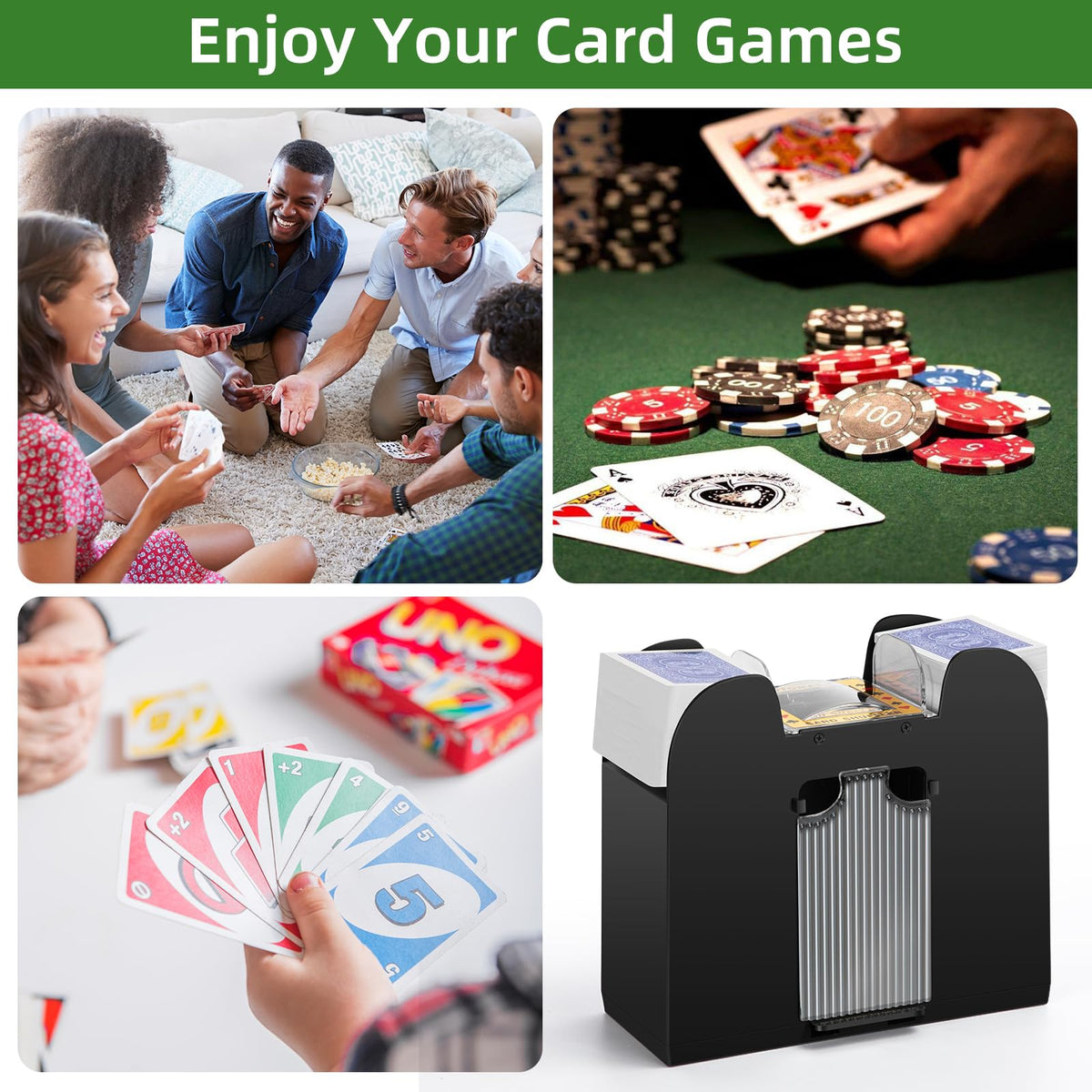YUCEEN Automatic Card Shuffler — Shuffles 1–6 Decks, Battery Powered, Low-Noise