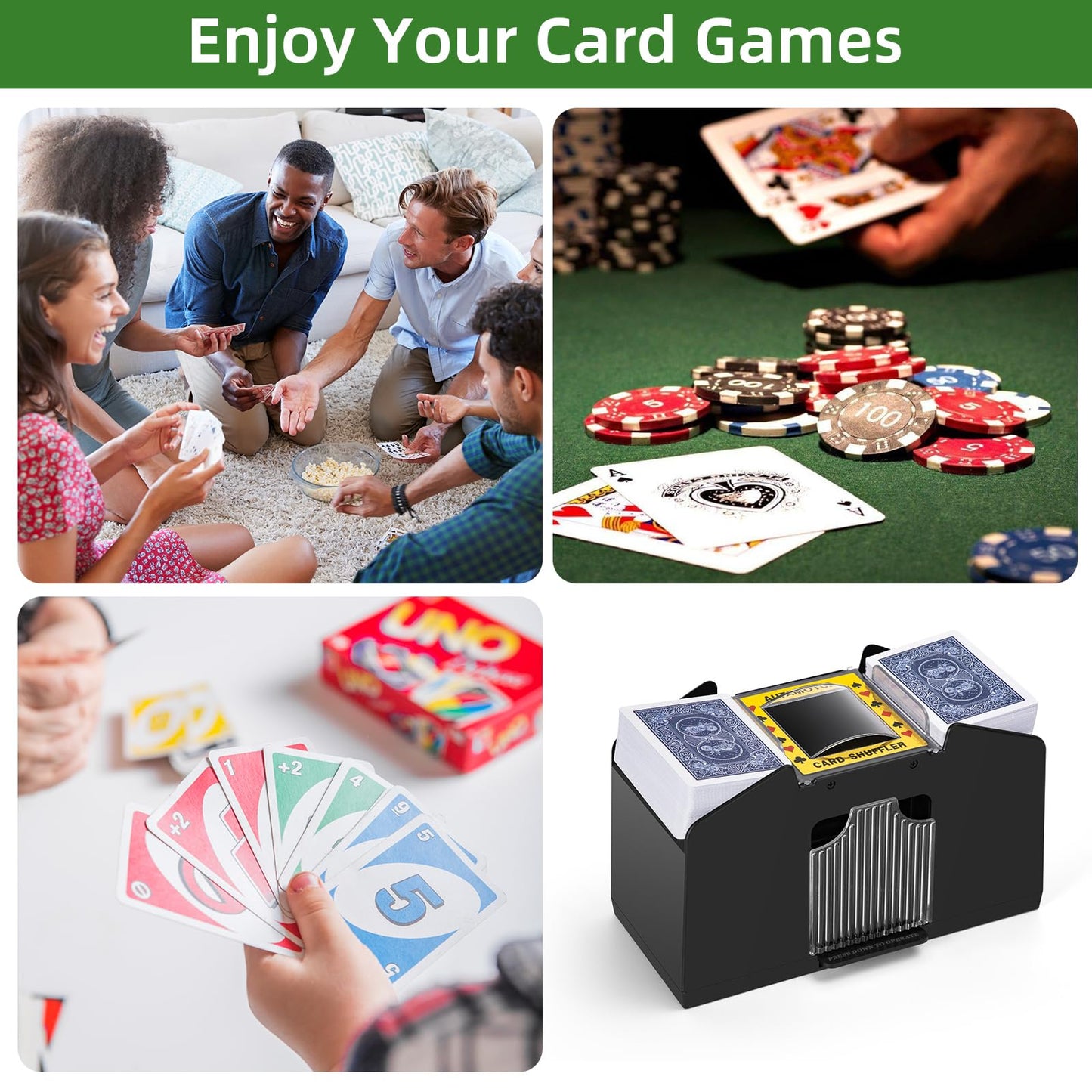 YUCEEN Automatic Card Shuffler – 1/2/4 Decks, Battery-Operated, Quiet & Portable