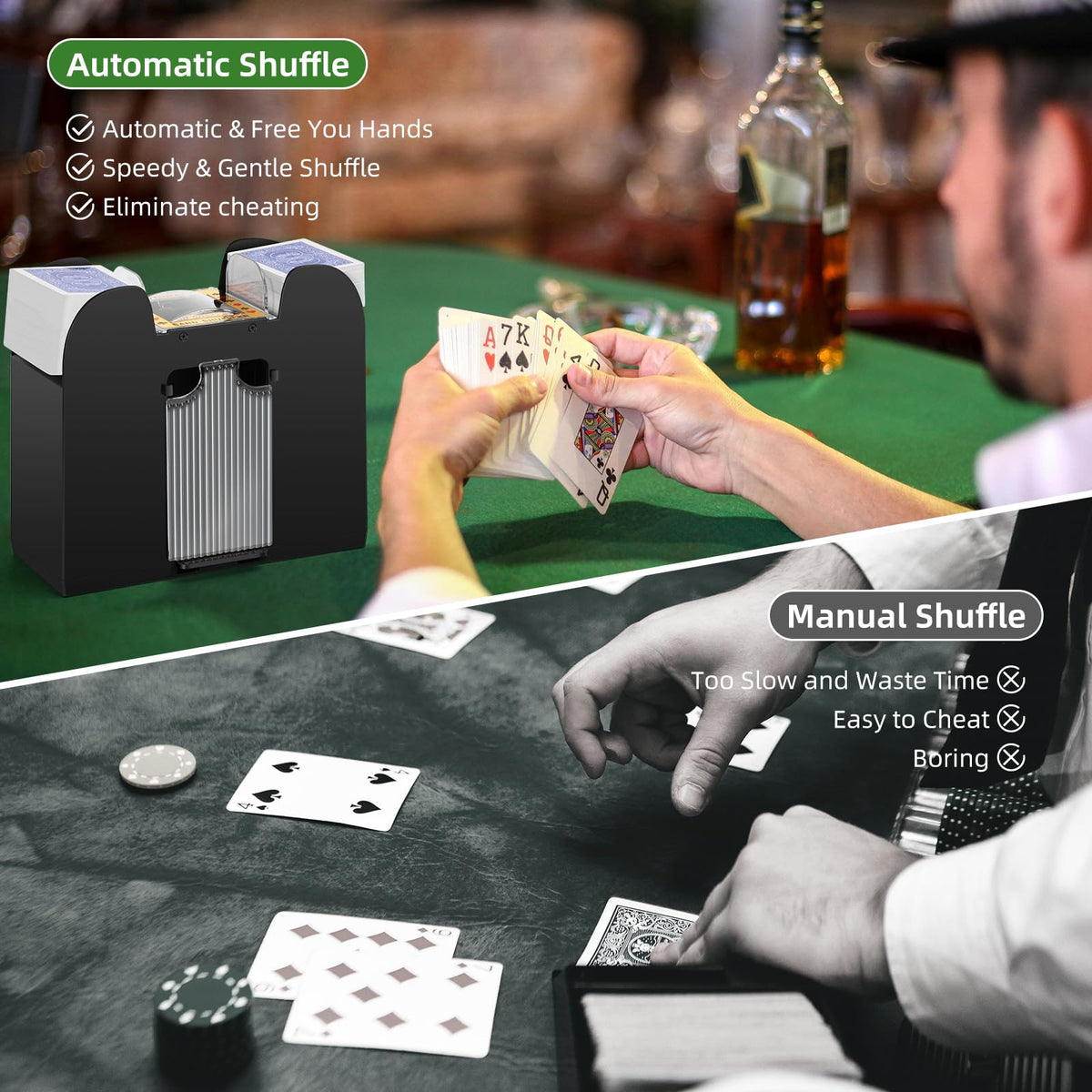 YUCEEN Automatic Card Shuffler — Shuffles 1–6 Decks, Battery Powered, Low-Noise