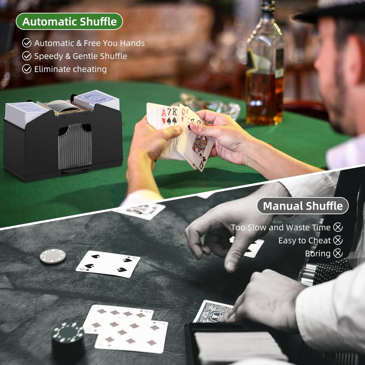 YUCEEN Automatic Card Shuffler – 1/2/4 Decks, Battery-Operated, Quiet & Portable