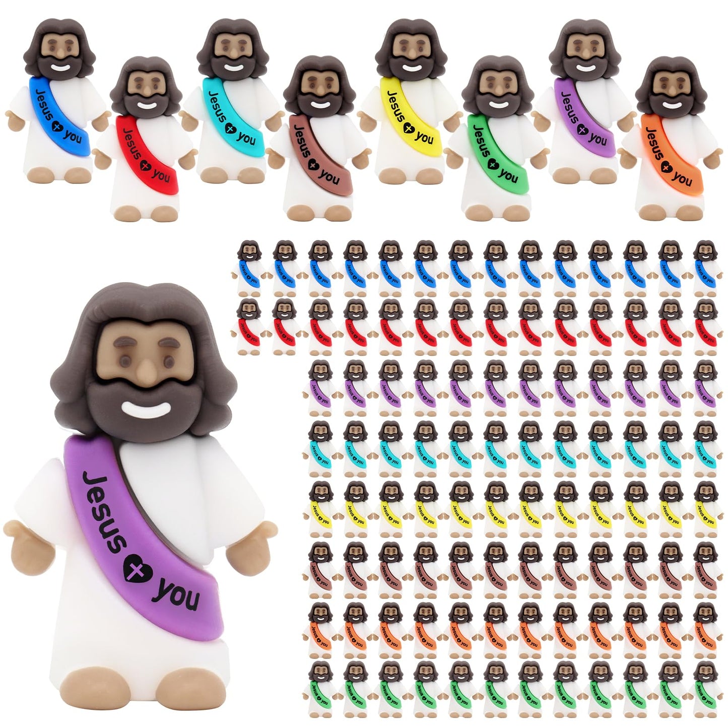 YuDanae Multicolor Mini Jesus Figures – 100 Pcs Rubber Jesus Figurines for Easter, Sunday School & Party Favors