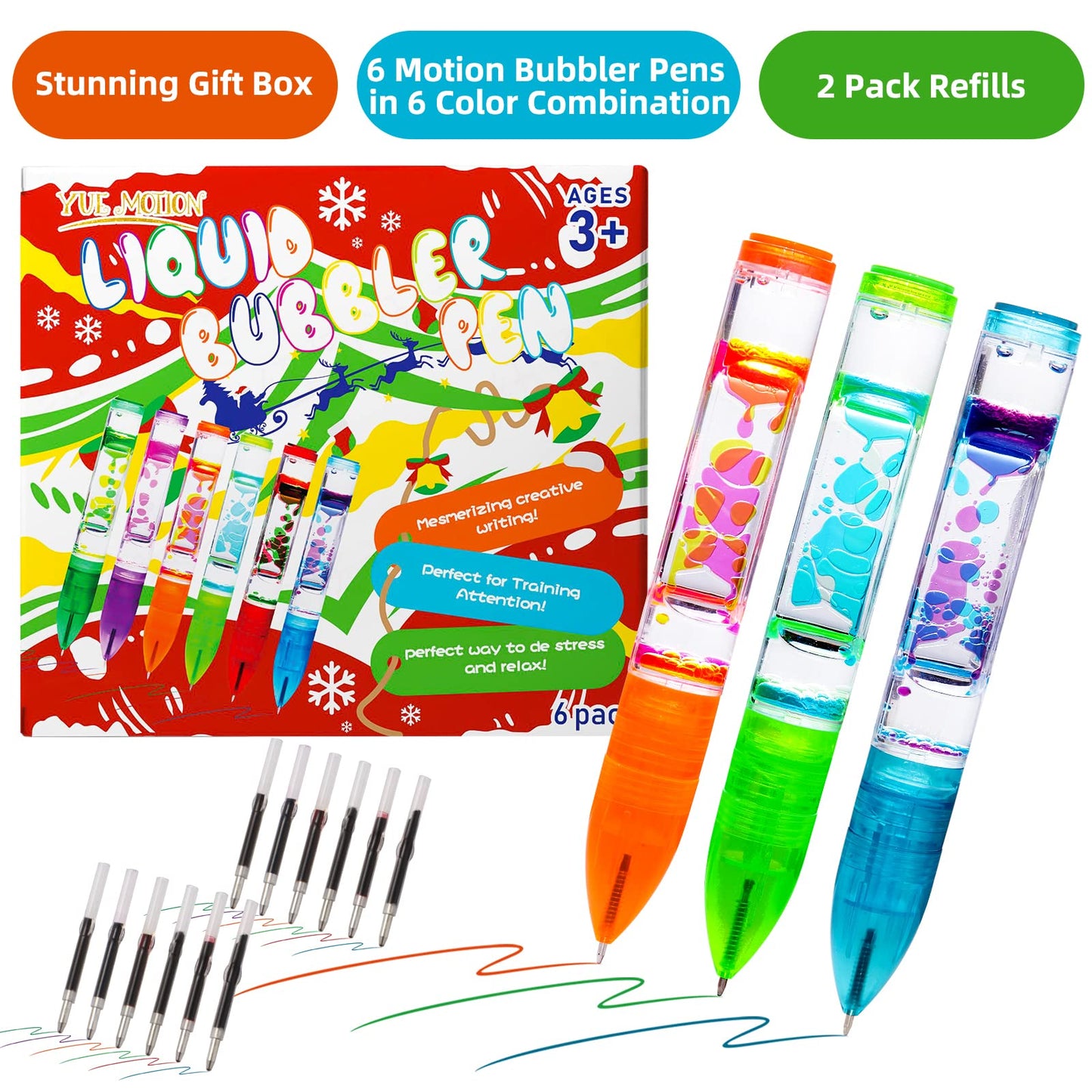 Yue Motion Lava Pens – 6 Pack Colorful Liquid Bubble Fidget Pens for Focus & Stress Relief