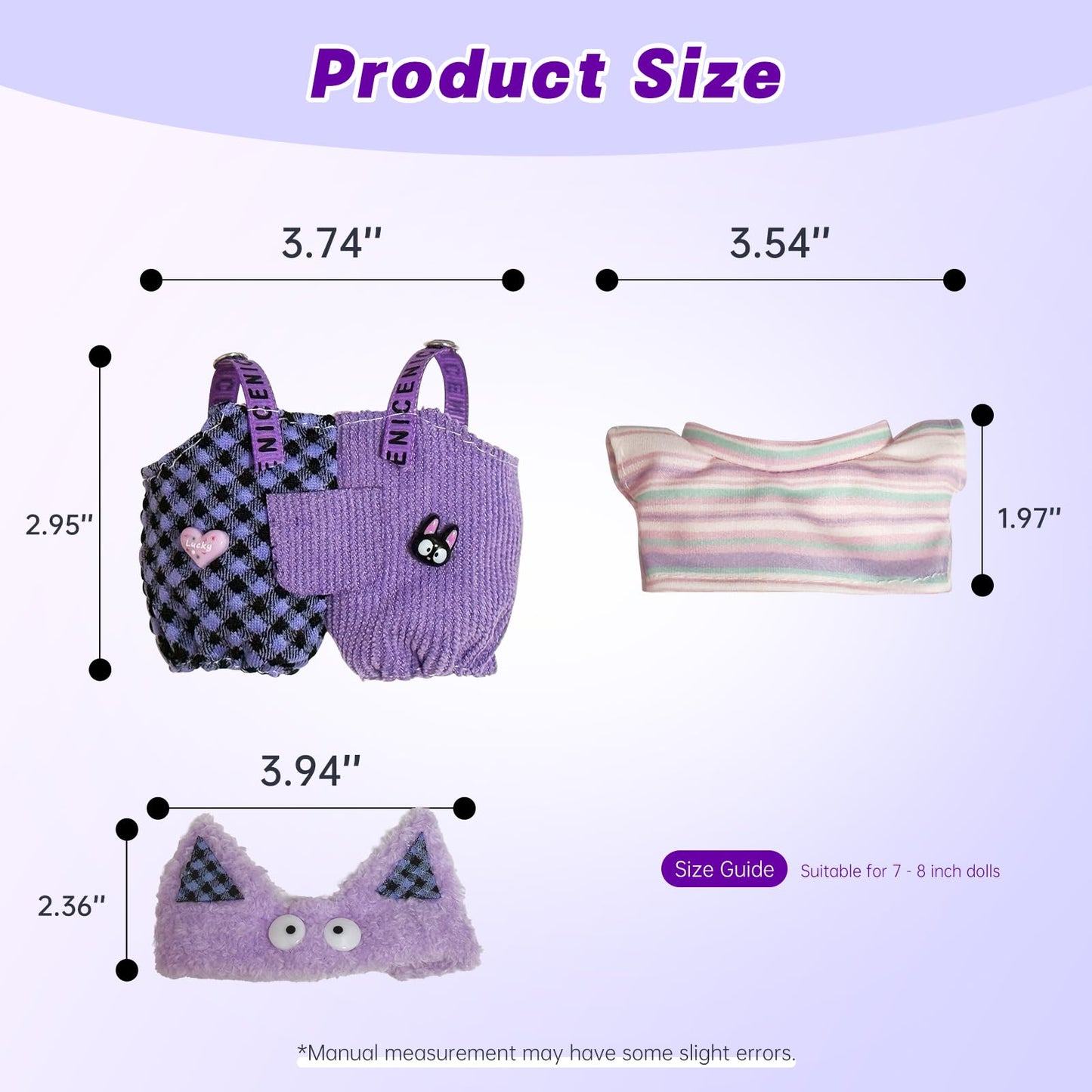 YUFUDUO 17cm Doll Clothes Set 3PCS – Monster Eye Hat, Striped Shirt, Heart Patched Overalls (Style A)