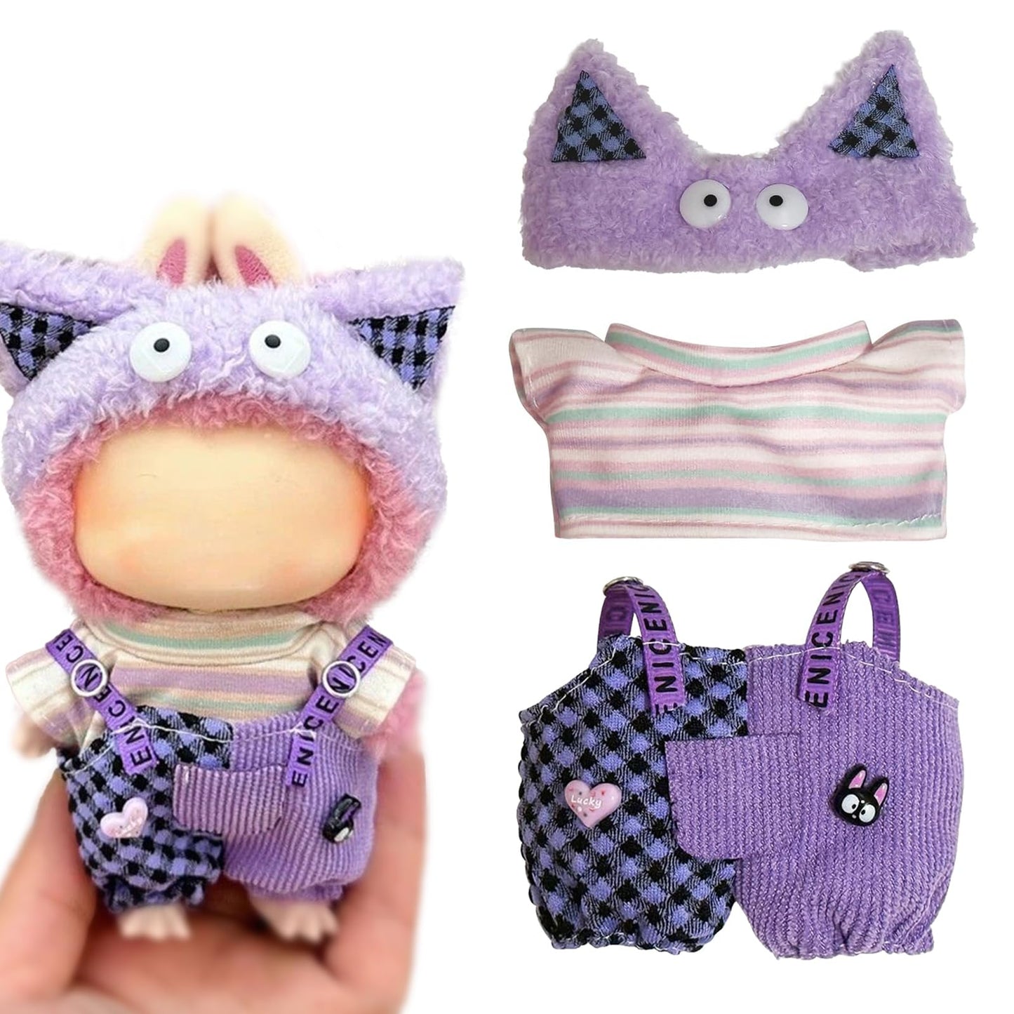 YUFUDUO 17cm Doll Clothes Set 3PCS – Monster Eye Hat, Striped Shirt, Heart Patched Overalls (Style A)