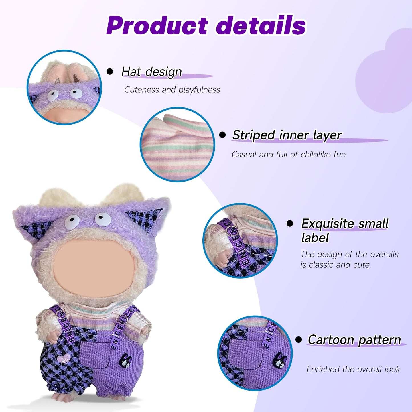 YUFUDUO 17cm Doll Clothes Set 3PCS – Monster Eye Hat, Striped Shirt, Heart Patched Overalls (Style A)