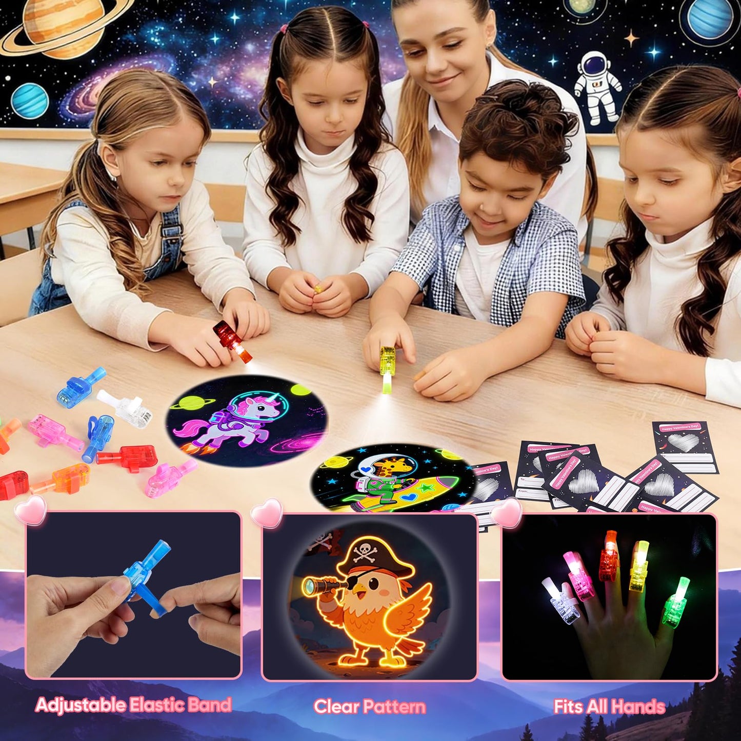 YUGYNNSI 28-Pack LED Finger Lights & Valentine Cards for Kids – Classroom Party Favors