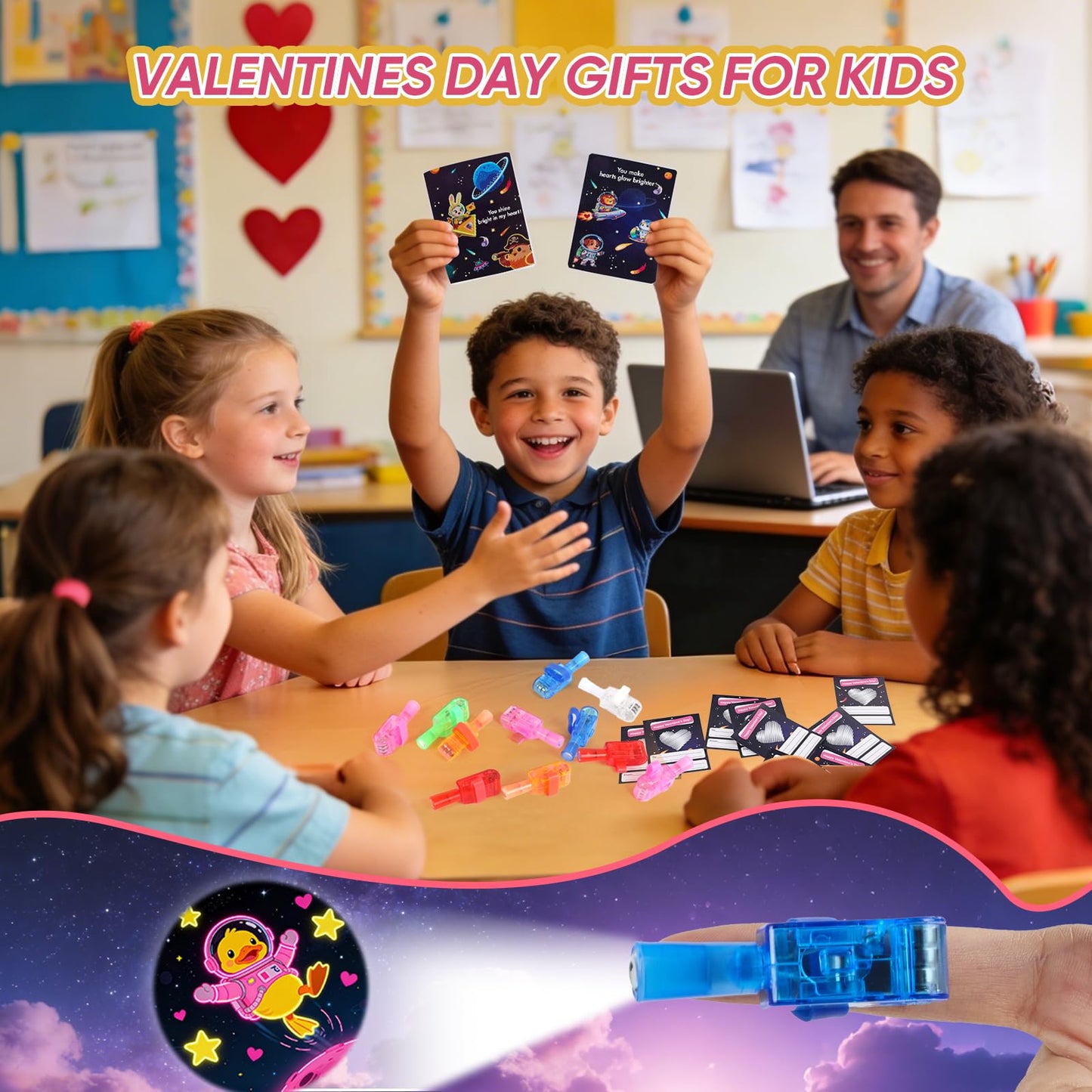 YUGYNNSI 28-Pack LED Finger Lights & Valentine Cards for Kids – Classroom Party Favors