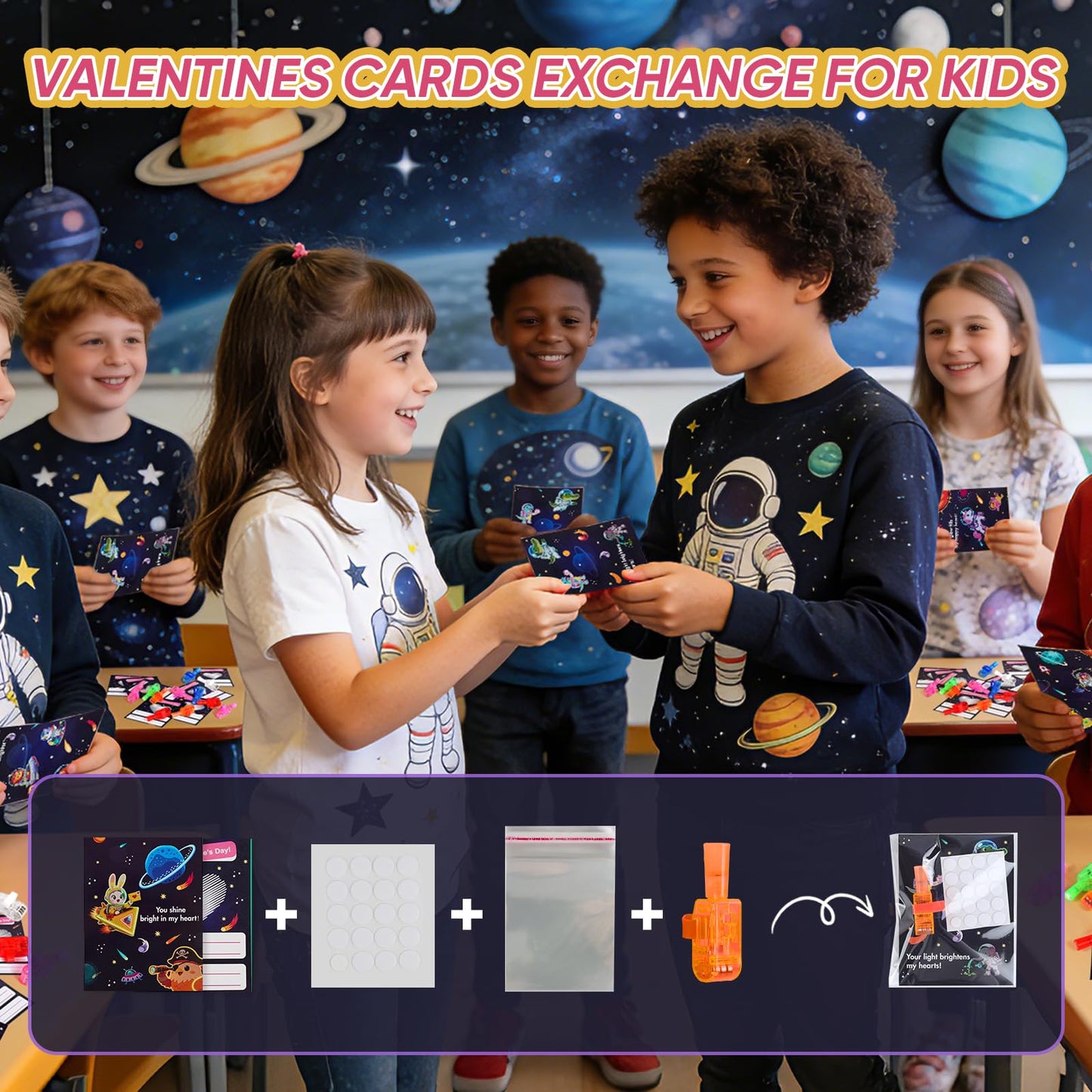 YUGYNNSI 28-Pack LED Finger Lights & Valentine Cards for Kids – Classroom Party Favors