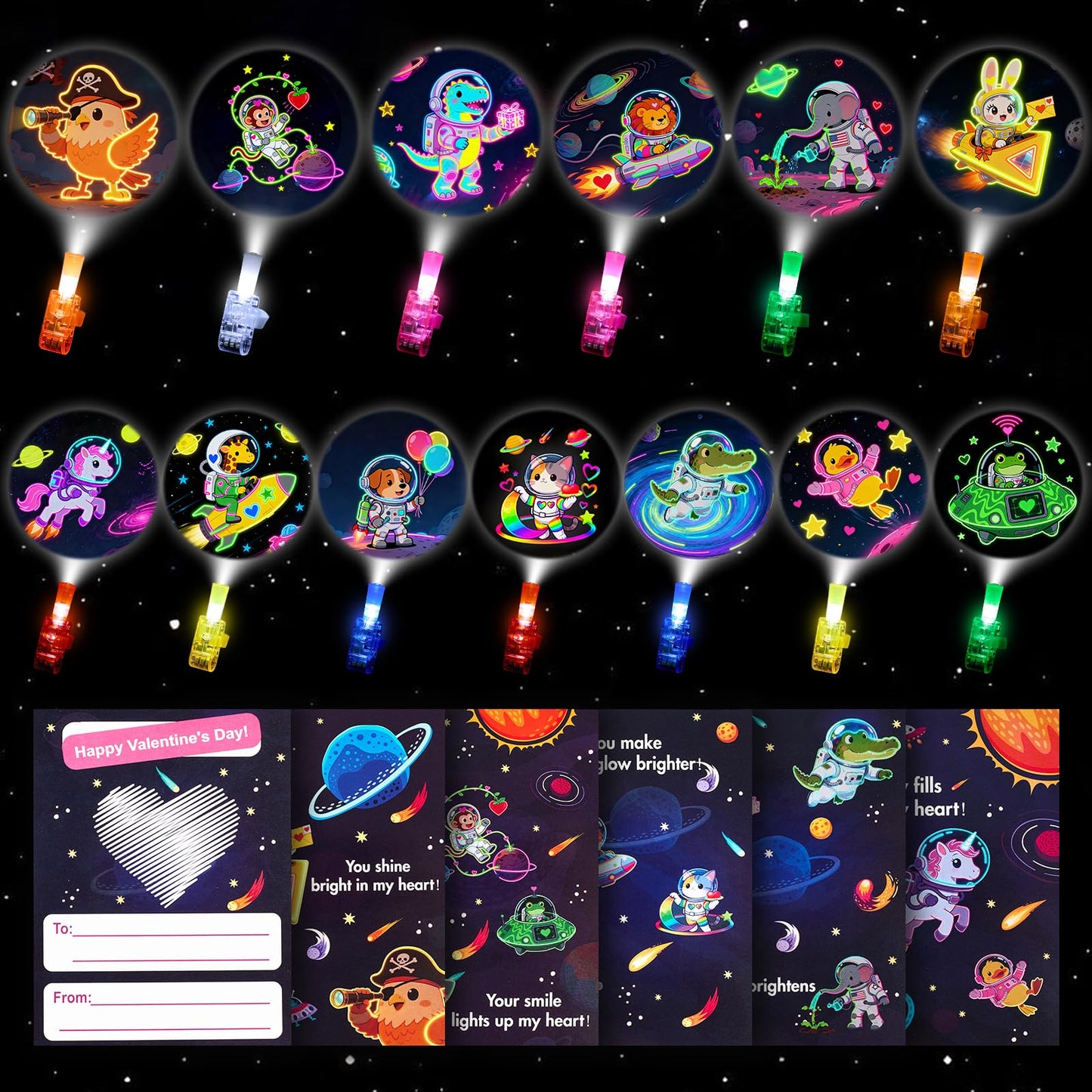 YUGYNNSI 28-Pack LED Finger Lights & Valentine Cards for Kids – Classroom Party Favors