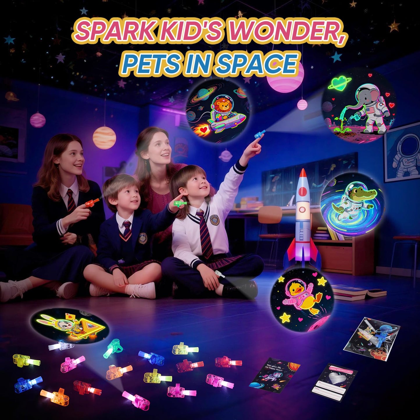 YUGYNNSI 28-Pack LED Finger Lights & Valentine Cards for Kids – Classroom Party Favors