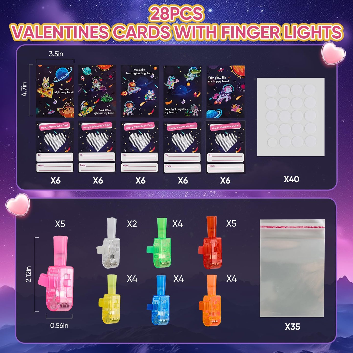 YUGYNNSI 28-Pack LED Finger Lights & Valentine Cards for Kids – Classroom Party Favors