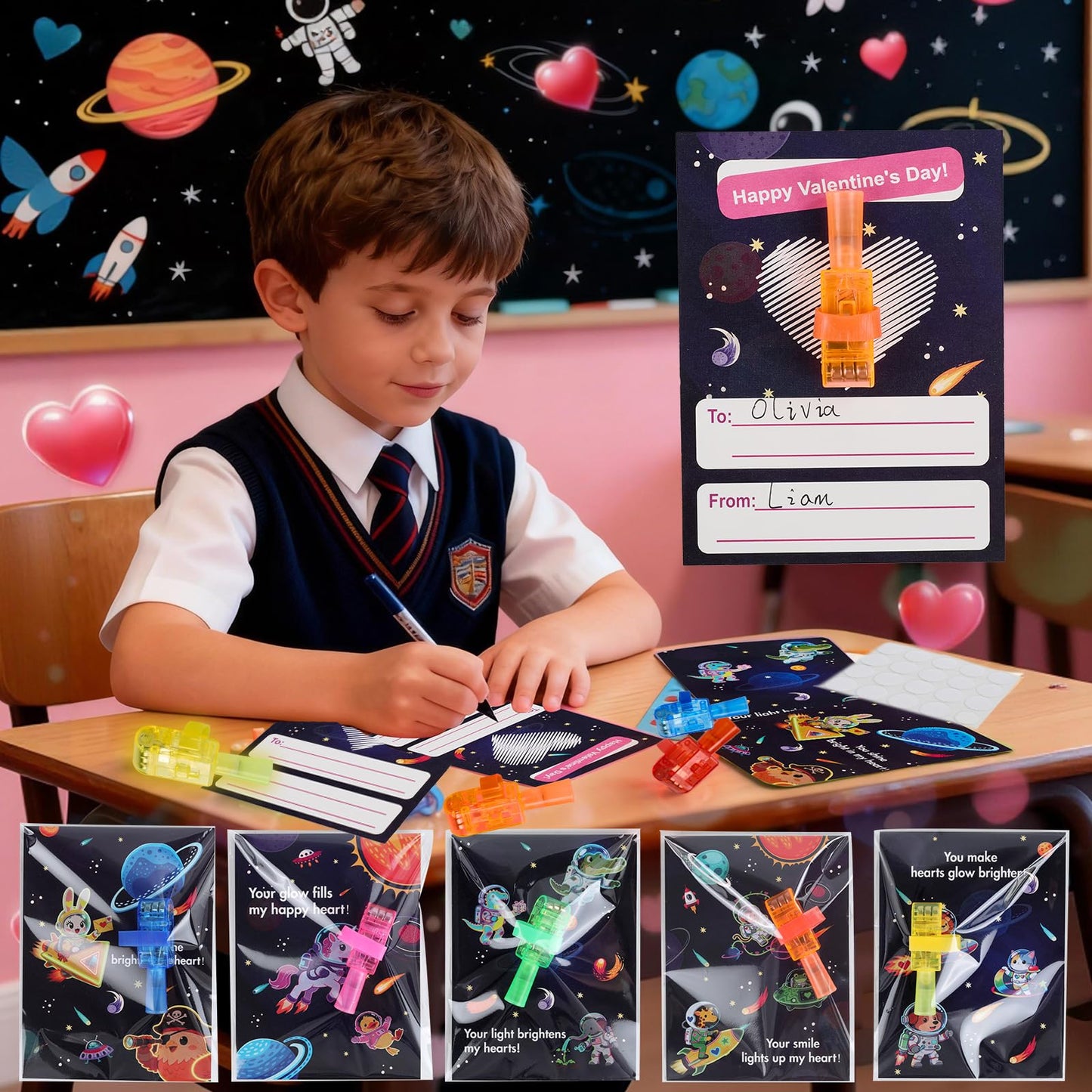 YUGYNNSI 28-Pack LED Finger Lights & Valentine Cards for Kids – Classroom Party Favors