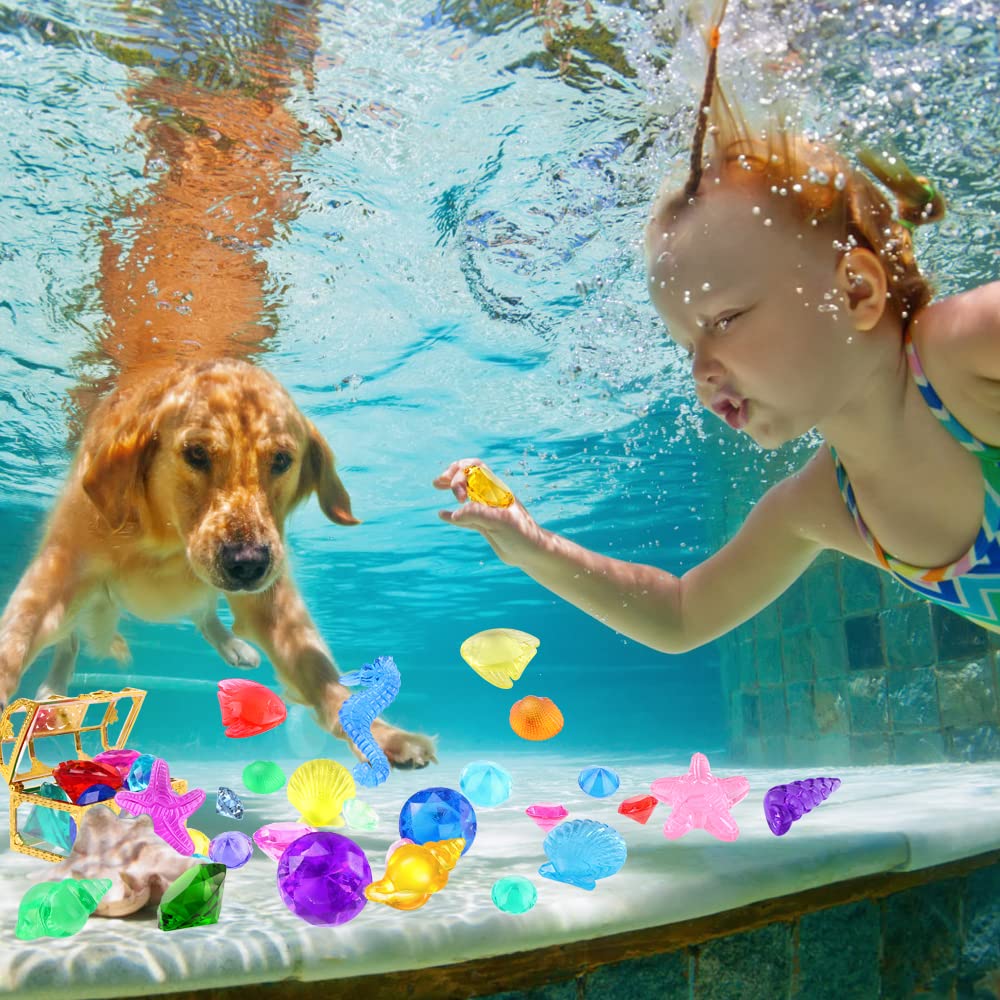 YUJUN 30 Pieces Colorful Diving Gem Pool Toys – Treasure Box & Ocean Animals Set for Pool Parties