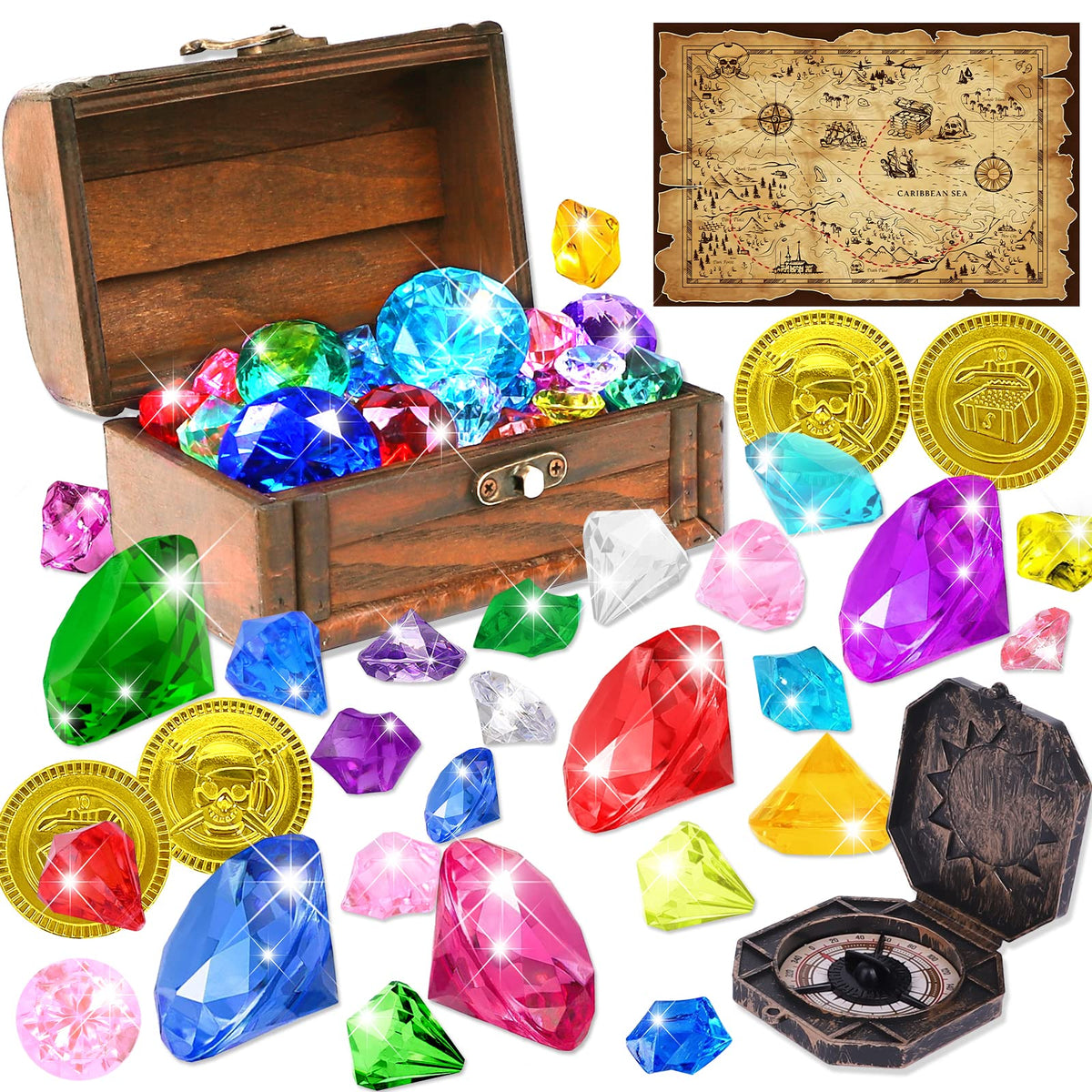 YUJUN Diving Gem Pirate Toys - Colorful Pool Diamonds & Treasure Chest Set