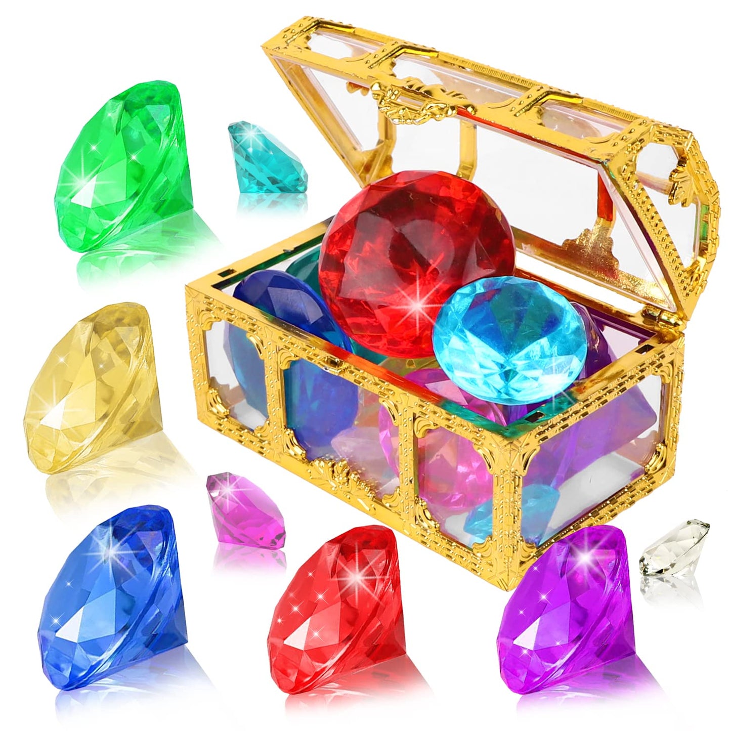 YUJUN Diving Gem Pool Toys – 10 Colorful Acrylic Diamonds with Treasure Chest for Pool Play