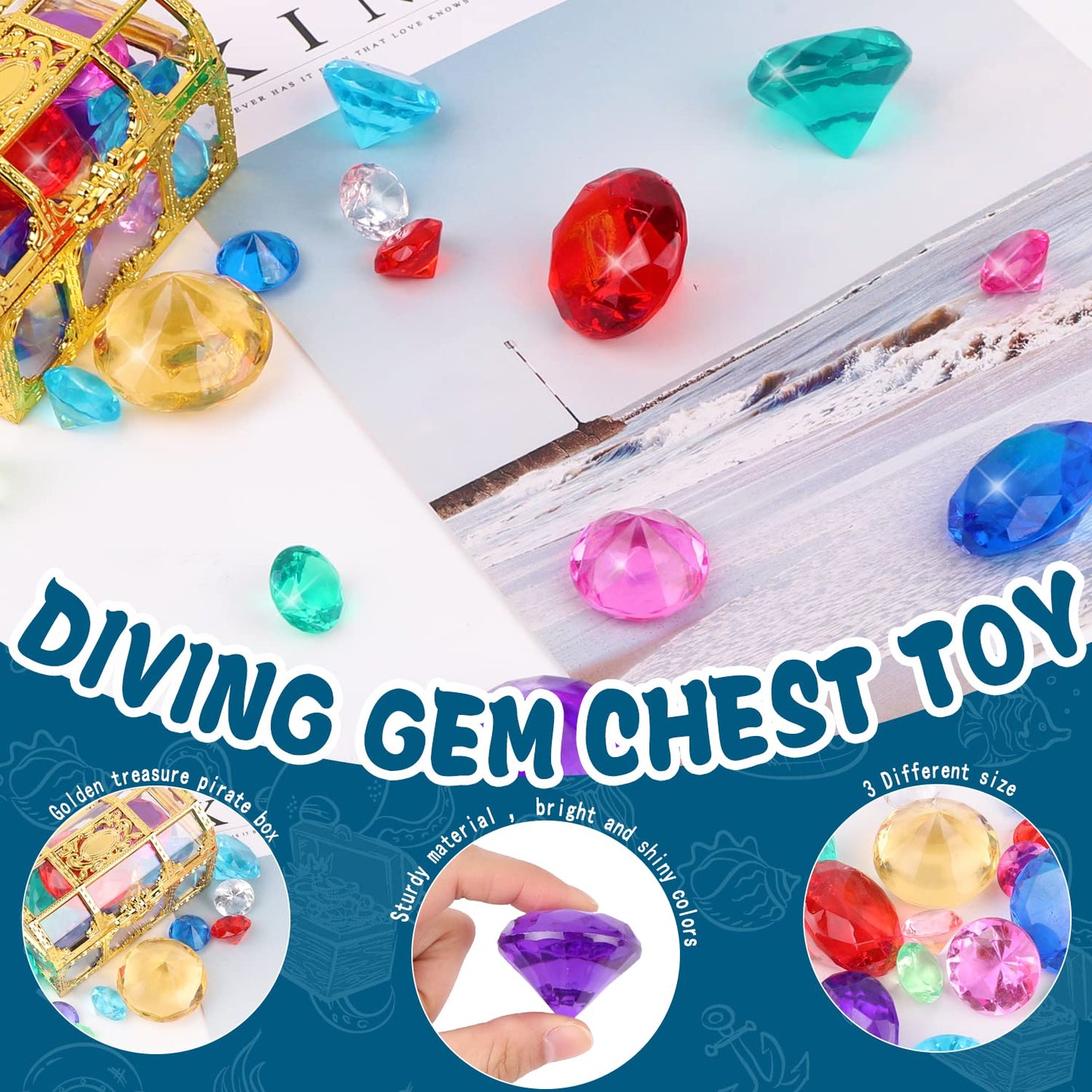 YUJUN Diving Gem Pool Toys – 10 Colorful Acrylic Diamonds with Treasure Chest for Pool Play