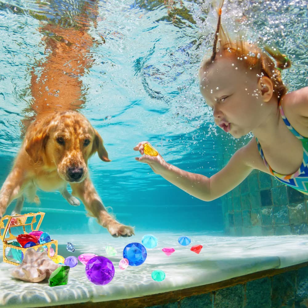 YUJUN Diving Gem Pool Toys – 10 Colorful Acrylic Diamonds with Treasure Chest for Pool Play