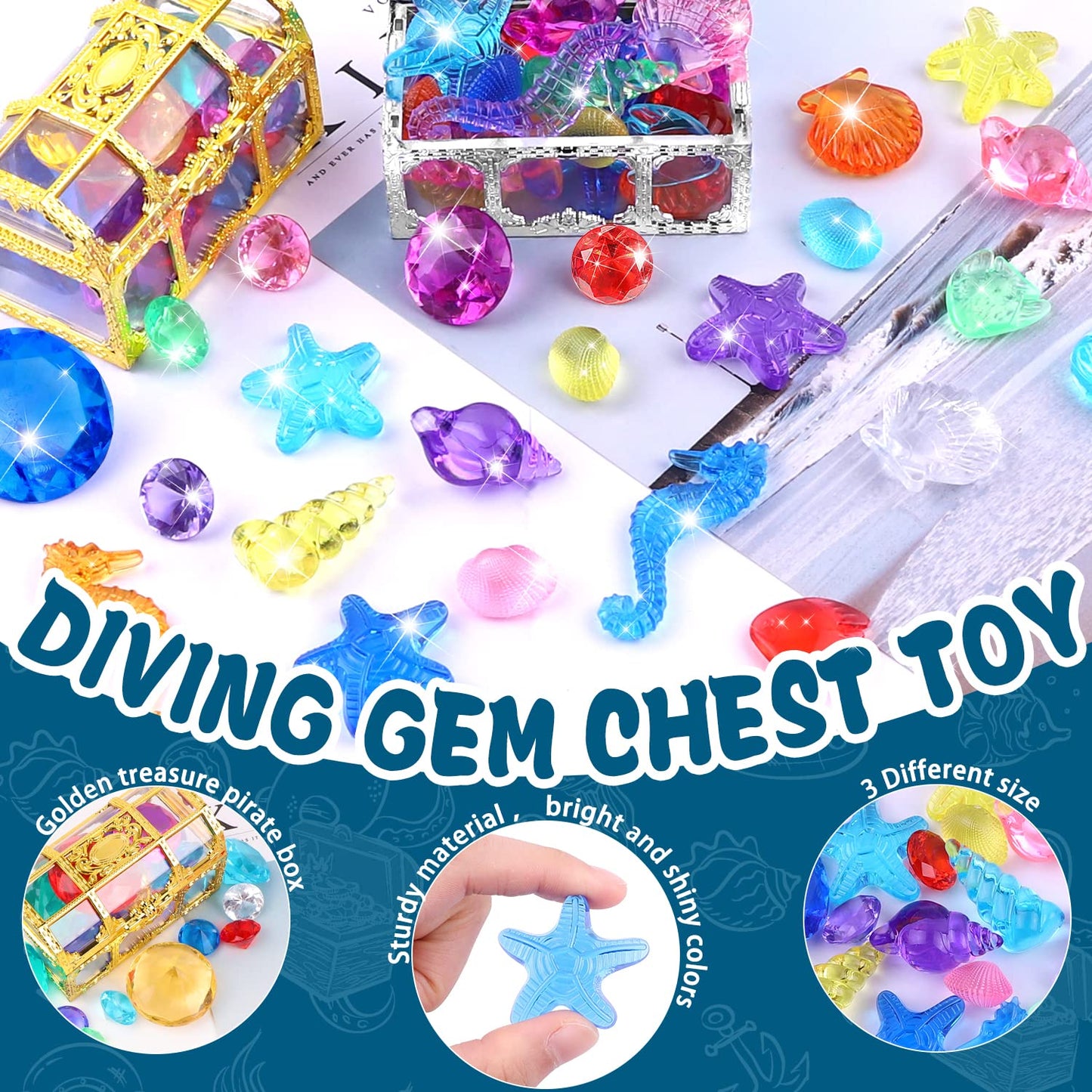 YUJUN 30 Pieces Colorful Diving Gem Pool Toys – Treasure Box & Ocean Animals Set for Pool Parties