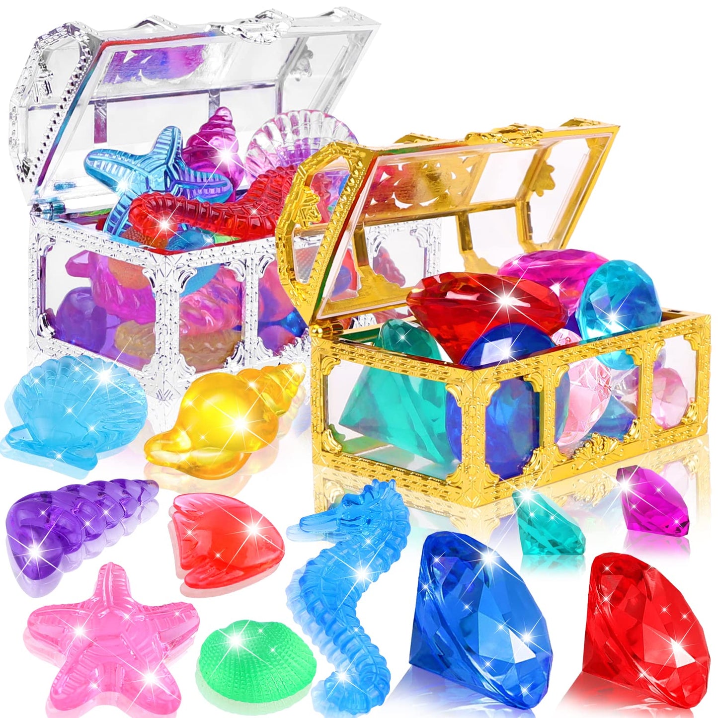 YUJUN 30 Pieces Colorful Diving Gem Pool Toys – Treasure Box & Ocean Animals Set for Pool Parties