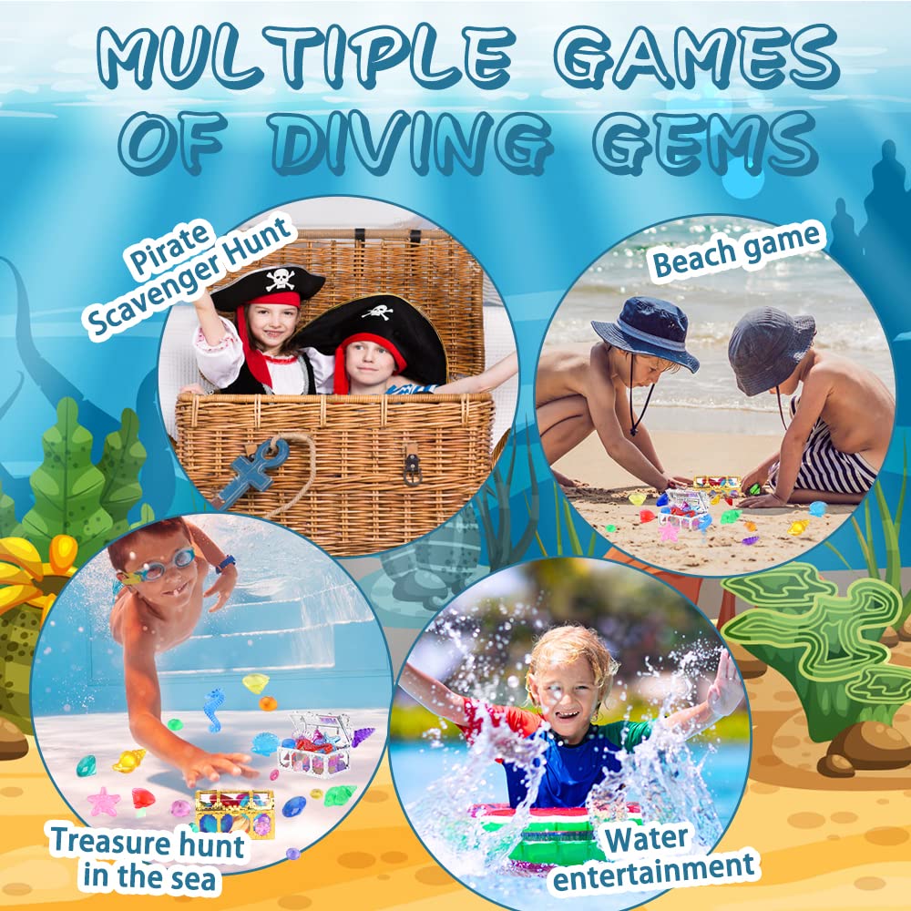 YUJUN 30 Pieces Colorful Diving Gem Pool Toys – Treasure Box & Ocean Animals Set for Pool Parties