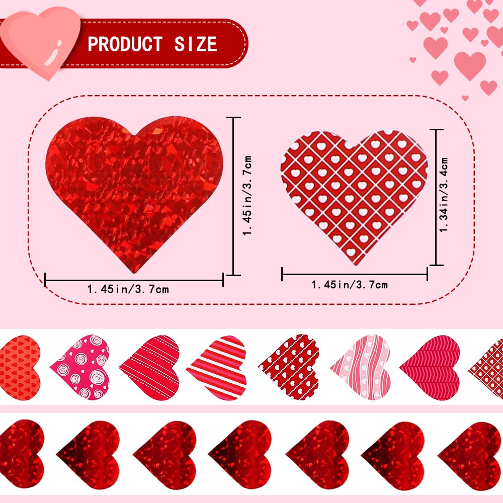 YUJUN 1000 Pcs Valentine’s Day Heart Stickers – 2 Red Rolls Self-Adhesive Labels