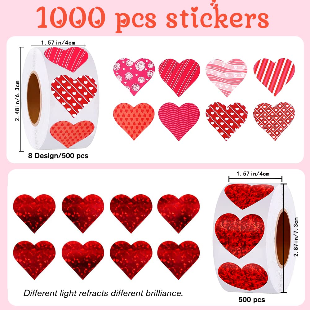 YUJUN 1000 Pcs Valentine’s Day Heart Stickers – 2 Red Rolls Self-Adhesive Labels