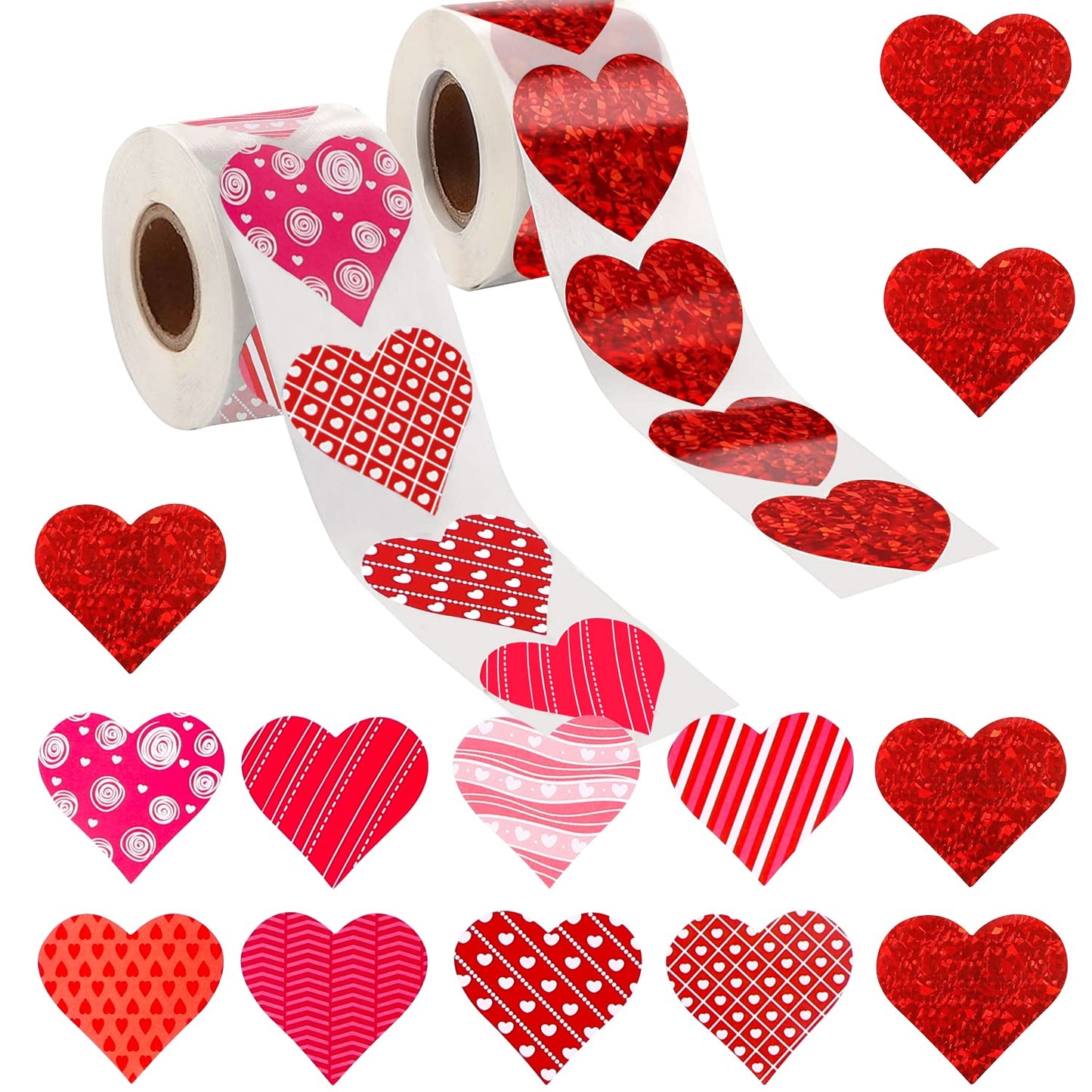 YUJUN 1000 Pcs Valentine’s Day Heart Stickers – 2 Red Rolls Self-Adhesive Labels