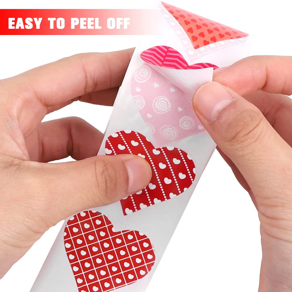 YUJUN 1000 Pcs Valentine’s Day Heart Stickers – 2 Red Rolls Self-Adhesive Labels