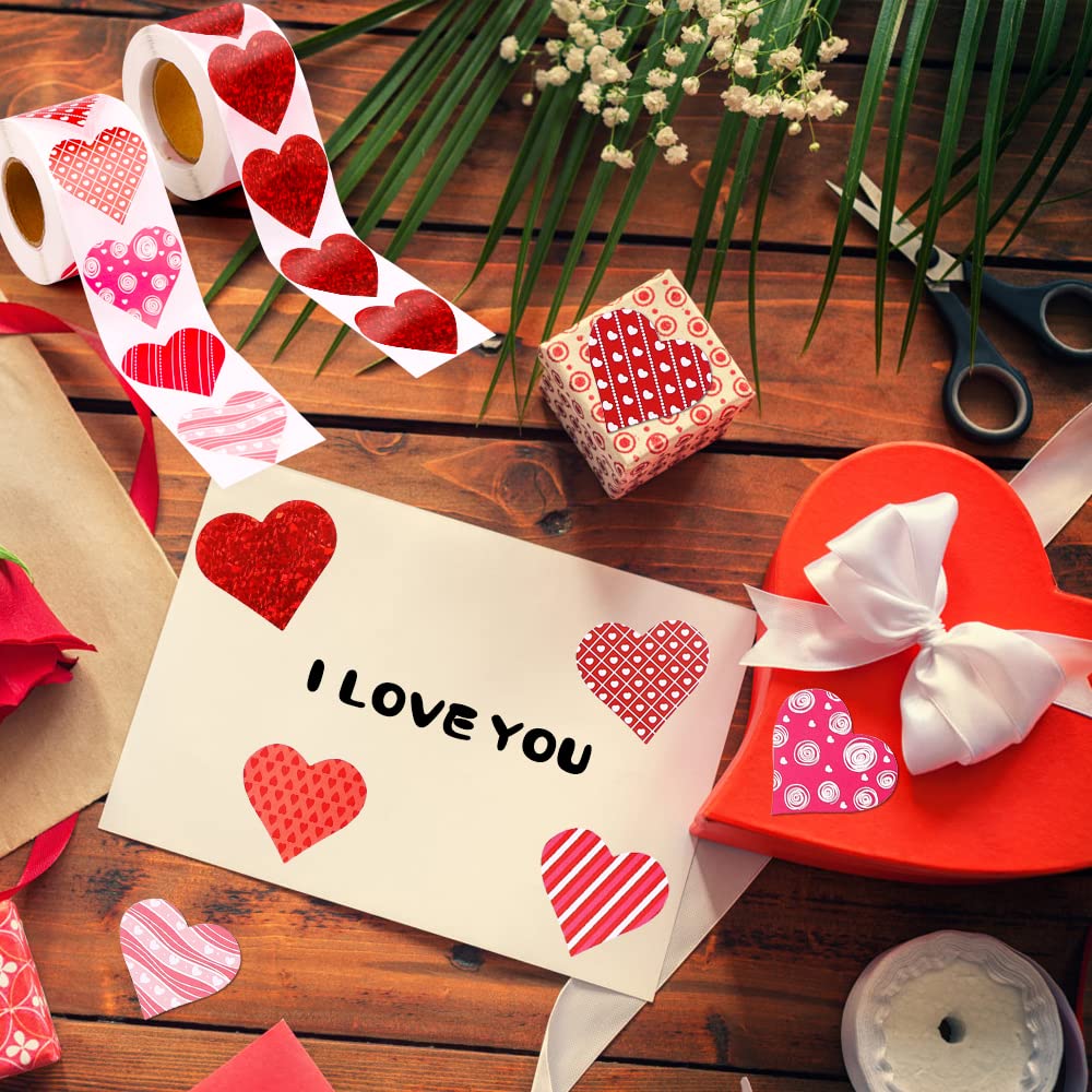 YUJUN 1000 Pcs Valentine’s Day Heart Stickers – 2 Red Rolls Self-Adhesive Labels