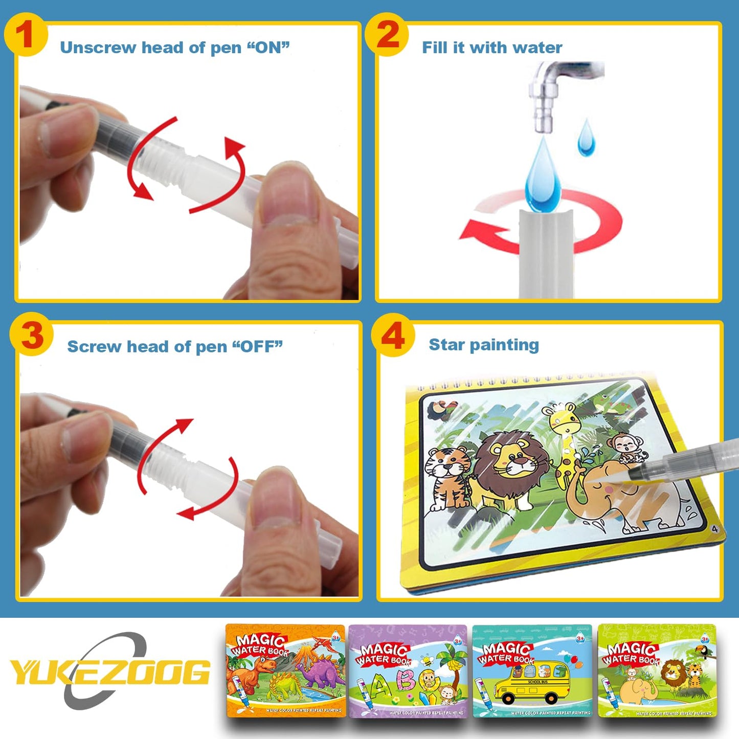 YUKEZOOG 4 Pack Water Drawing Book – Reusable Water Reveal Coloring for Kids
