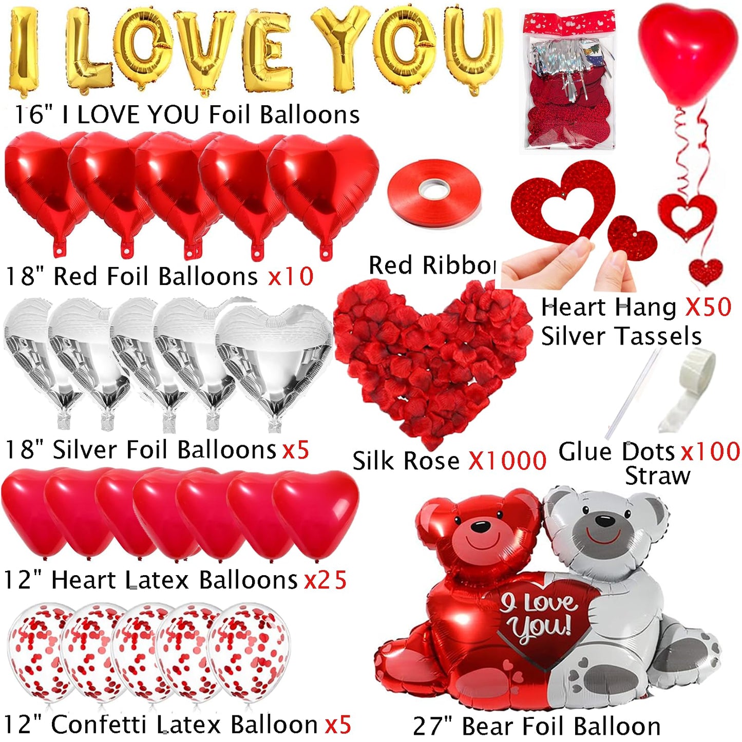 YuLeFang 54pcs Heart Balloons & Love Bear – Valentine Night Decor Set
