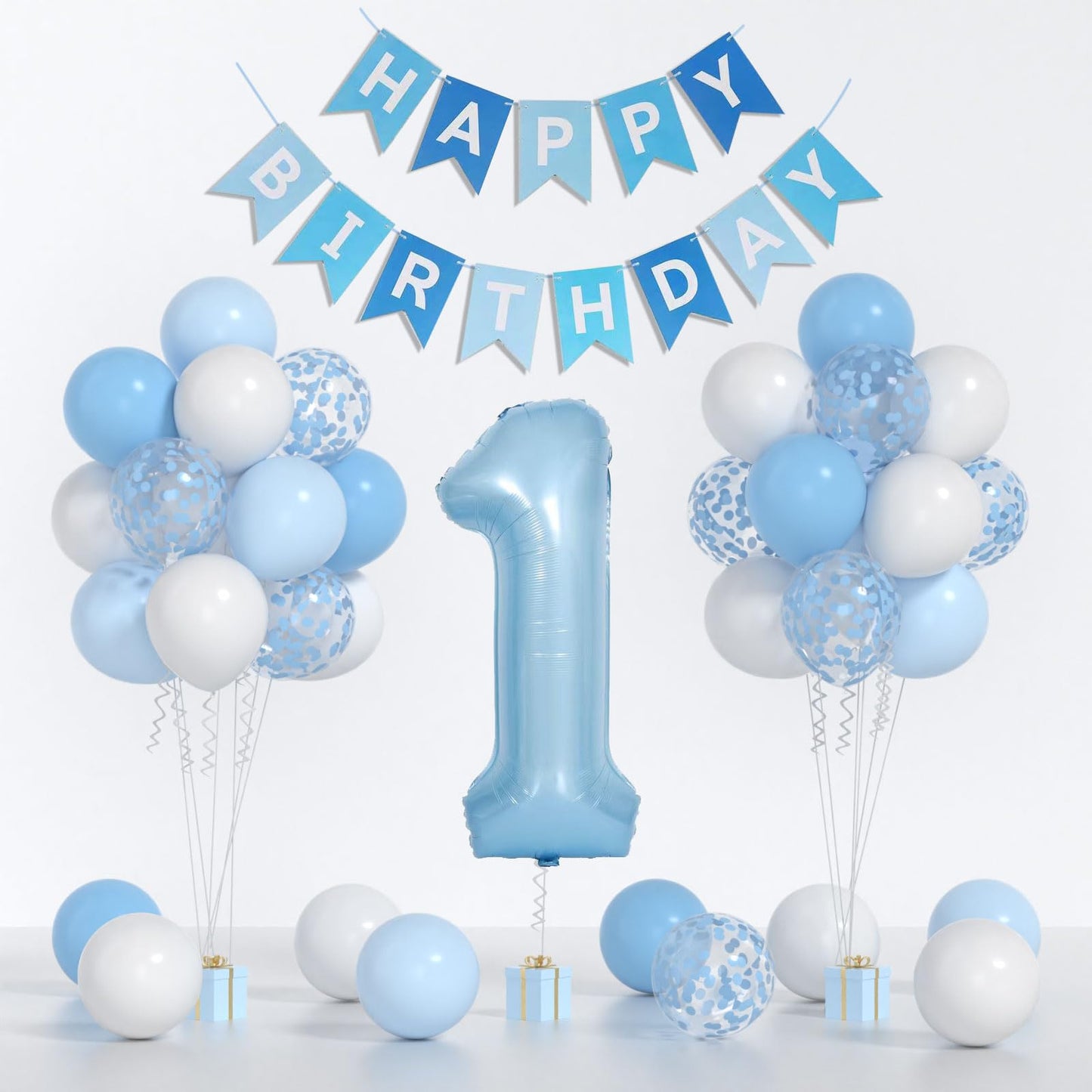 Yumiche Baby Boy First Birthday Balloons Kit — Blue & White Decor with 40in Balloon
