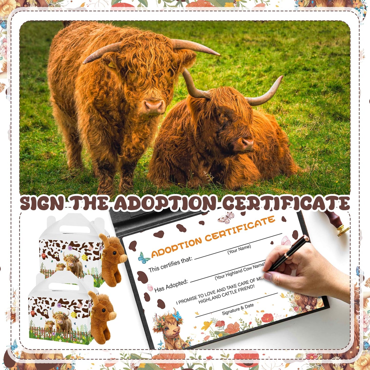 Yuminefeety 38 Pcs Highland Cow Plush Party Favors – 12 Plush, 12 Adoption Cards, 12 Themed Boxes, 1 Adoption Sign & 1 Fence