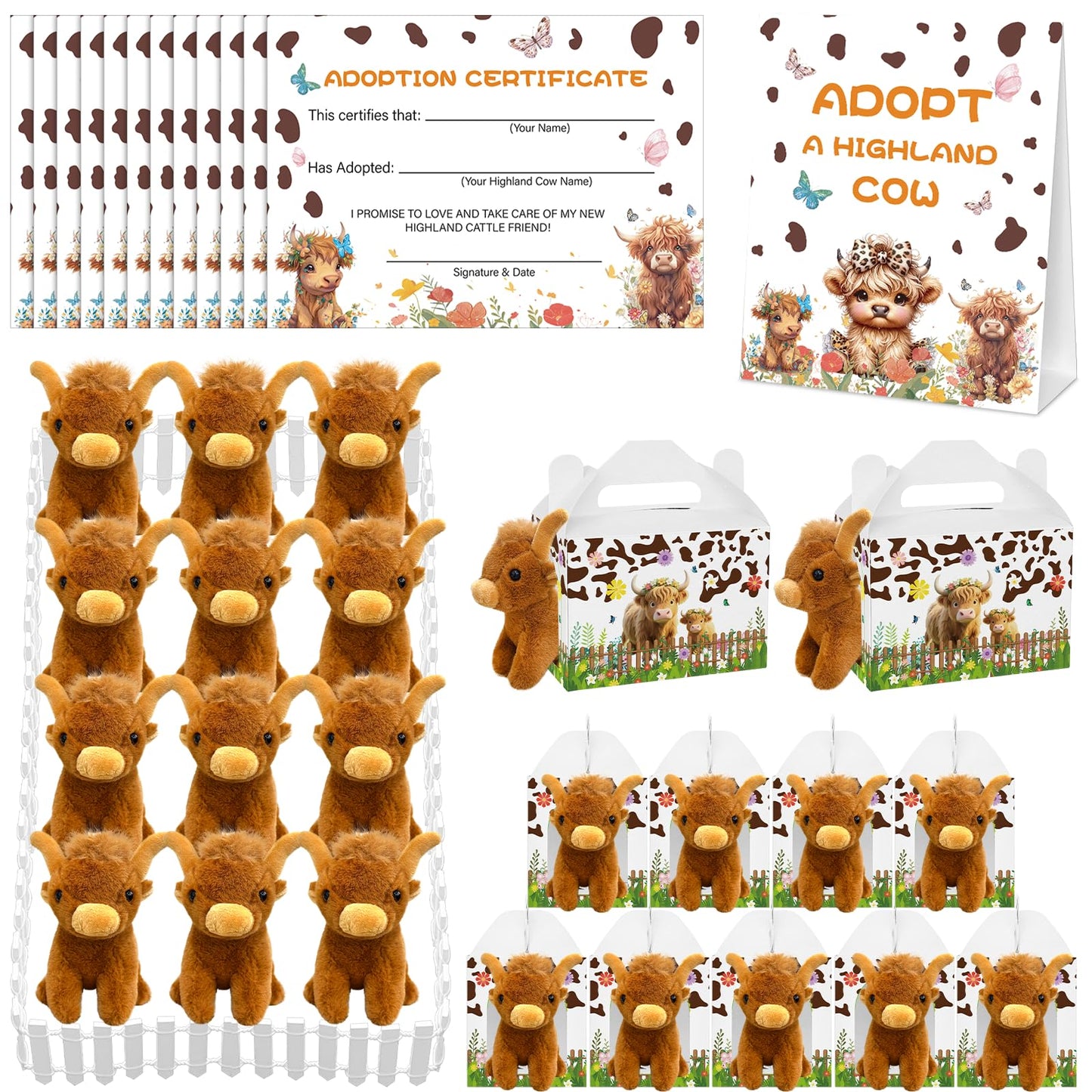 Yuminefeety 38 Pcs Highland Cow Plush Party Favors – 12 Plush, 12 Adoption Cards, 12 Themed Boxes, 1 Adoption Sign & 1 Fence