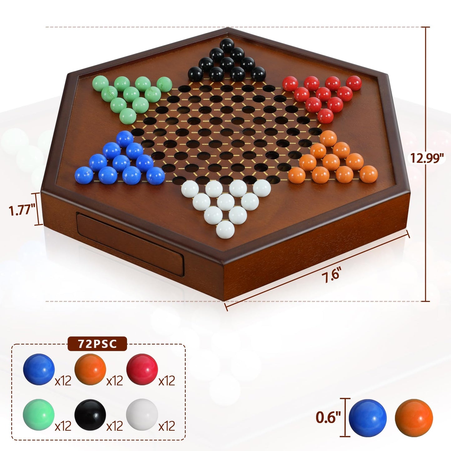 YUN RUI Chinese Checkers – 15x13 in Large Walnut Wooden Board + 72 Glass Marbles | Family Strategy Game