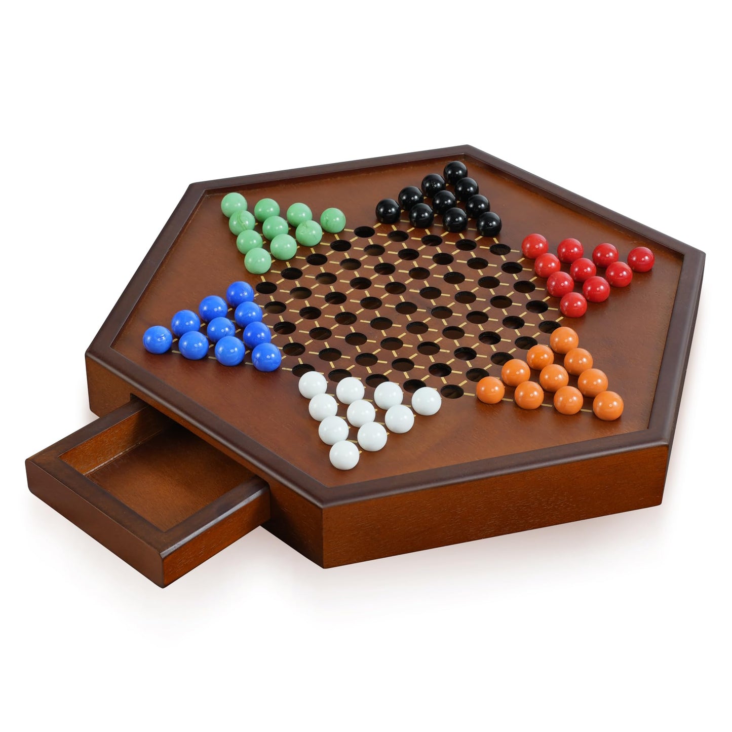 YUN RUI Chinese Checkers – 15x13 in Large Walnut Wooden Board + 72 Glass Marbles | Family Strategy Game