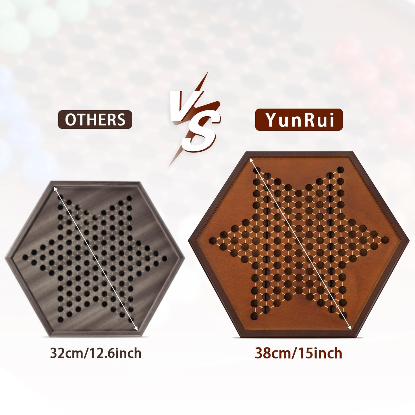 YUN RUI Chinese Checkers – 15x13 in Large Walnut Wooden Board + 72 Glass Marbles | Family Strategy Game