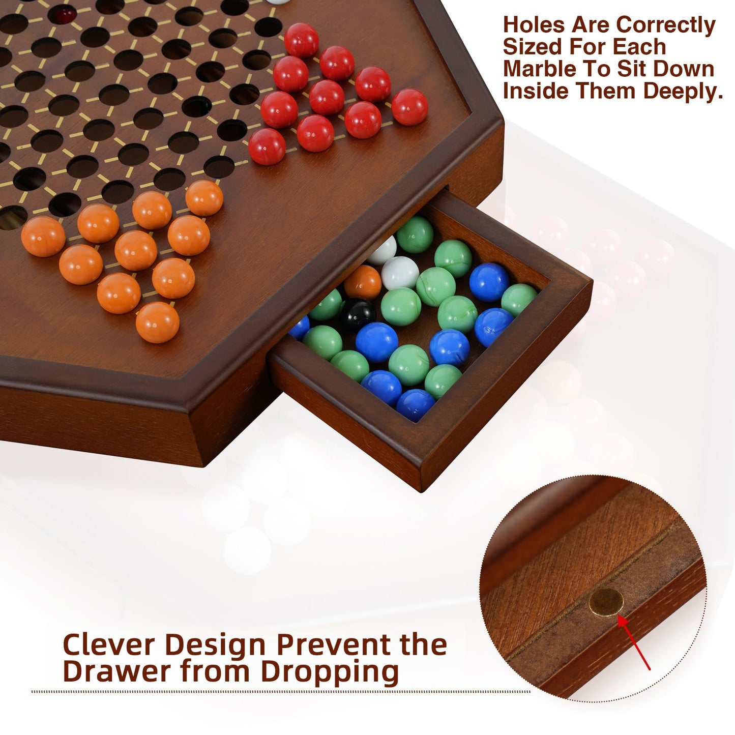YUN RUI Chinese Checkers – 15x13 in Large Walnut Wooden Board + 72 Glass Marbles | Family Strategy Game