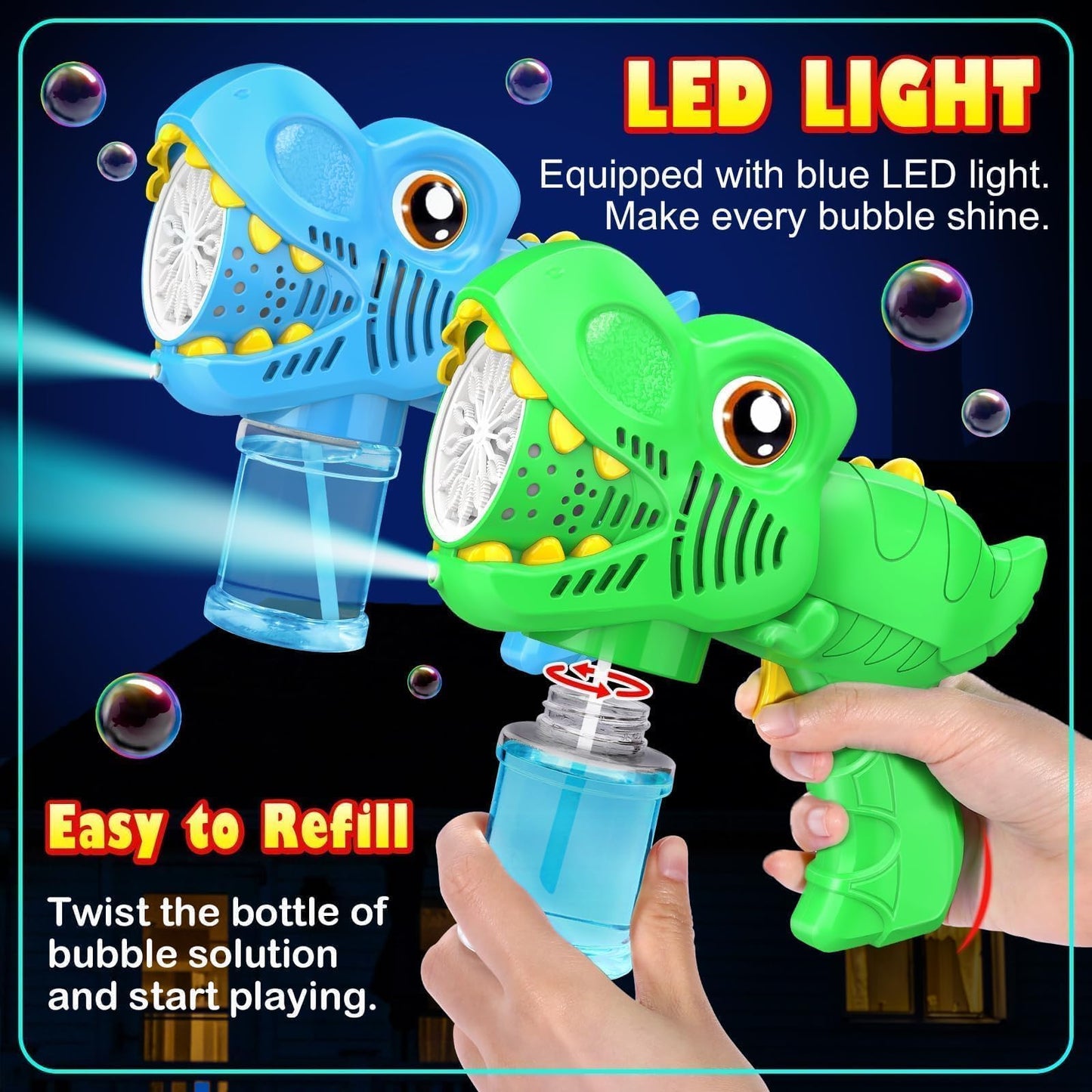 Yunaking Kids Bubble Gun 2-Pack – Dino Bubble Blaster Toys with LED Lights & 13-Hole Bubble Machine