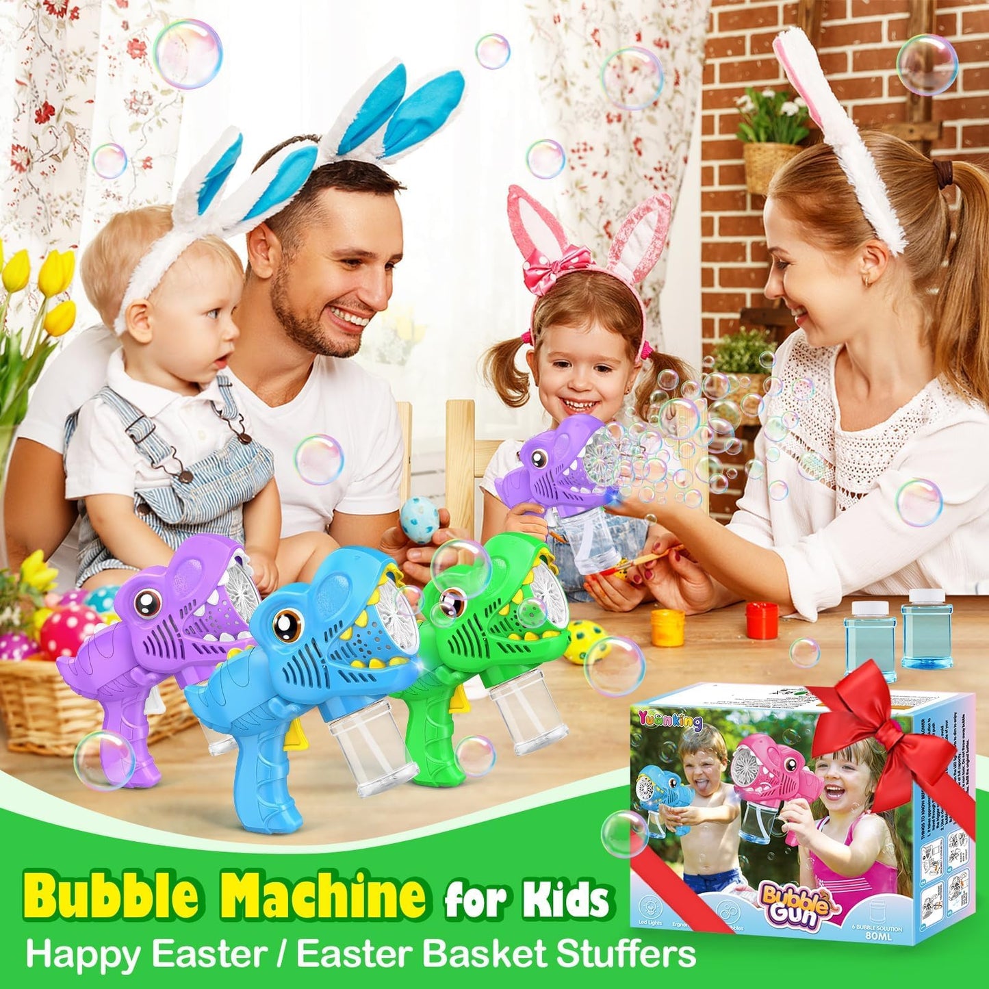 Yunaking 3 Bubble Guns – Rechargeable Bubble Machine with LED Lights (Green Blue Purple)