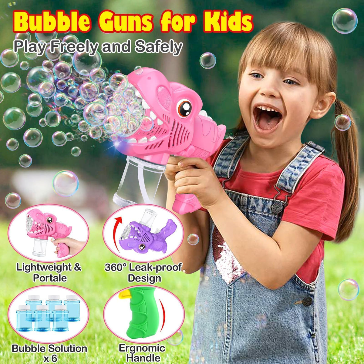 Yunaking 3-Pack Bubble Gun Gifts for Girls – LED Light-Up Bubble Machines with Refills (Green, Pink, Purple)