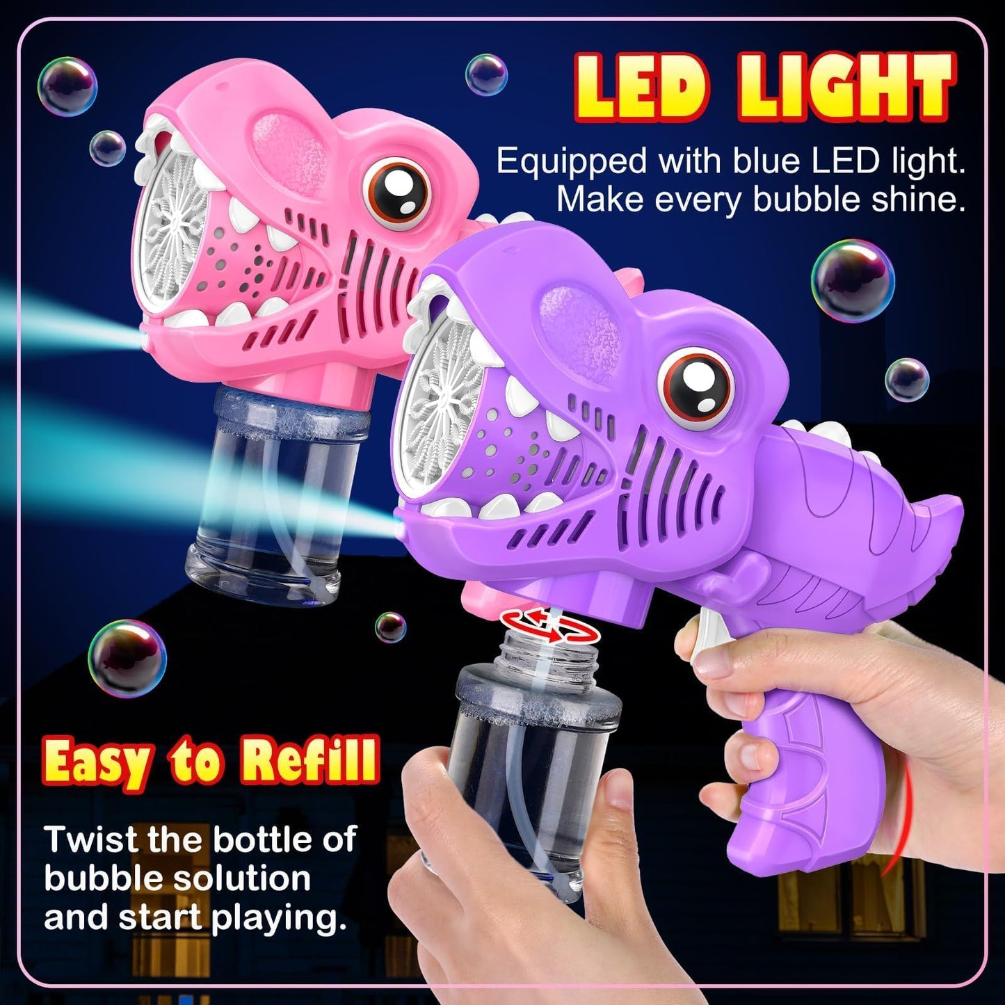 Yunaking 4-Pack Bubble Machine Guns – Rechargeable, LED Night Fun for Outdoor Play