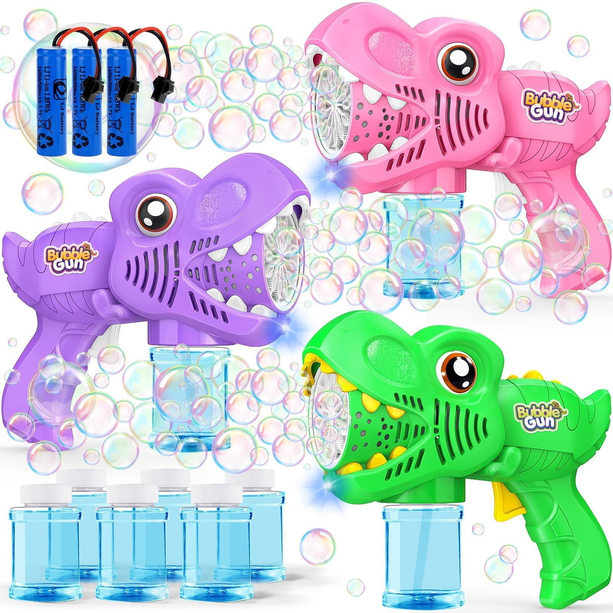 Yunaking 3-Pack Bubble Gun Gifts for Girls – LED Light-Up Bubble Machines with Refills (Green, Pink, Purple)