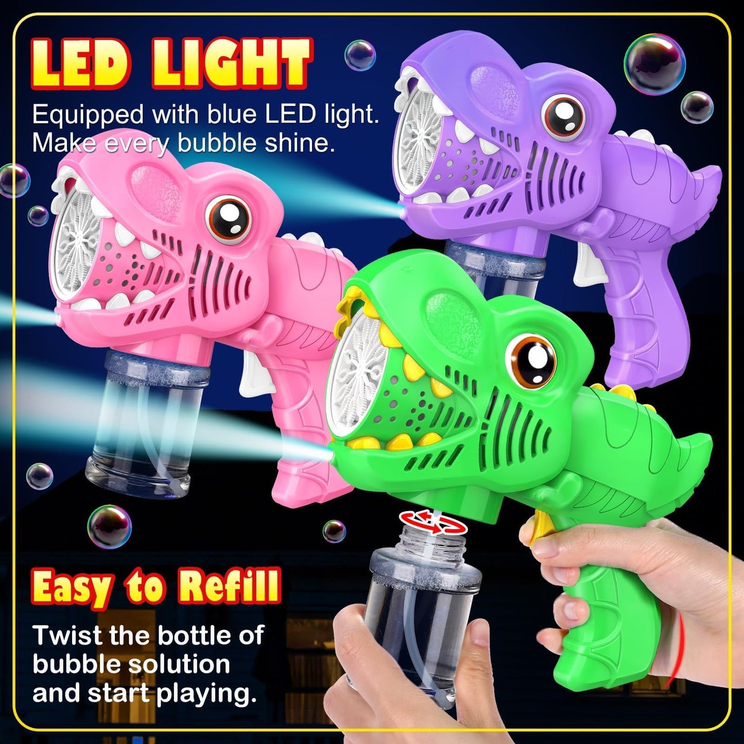 Yunaking 3-Pack Bubble Gun Gifts for Girls – LED Light-Up Bubble Machines with Refills (Green, Pink, Purple)